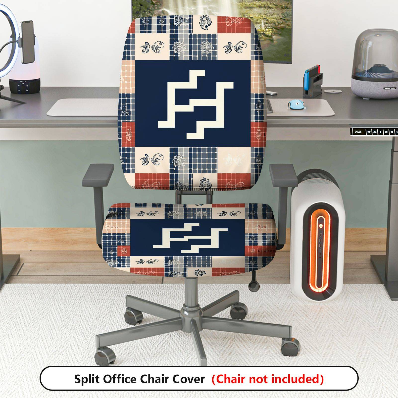 2-Piece Geometric Abstract Plaid Patchwork Boho  Computer Chair Cover Set, Seat and Backrest