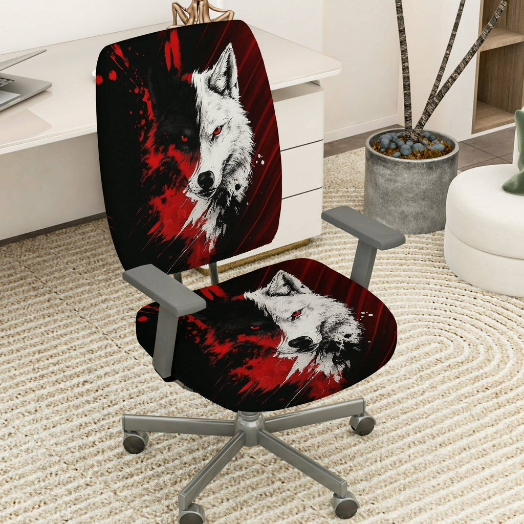 2-Piece Wolf Red Black Animal Art Stylish  Computer Chair Cover Set, Seat and Backrest