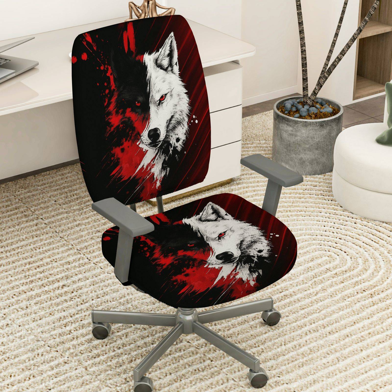 2-Piece Wolf Red Black Animal Art Stylish  Computer Chair Cover Set, Seat and Backrest