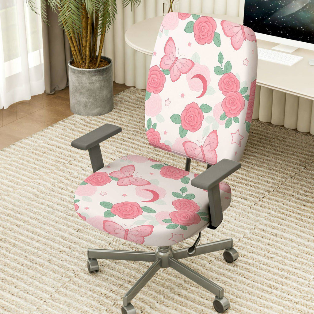 2-Piece Rose Butterfly Moon Star Artistic Floral  Computer Chair Cover Set, Seat and Backrest