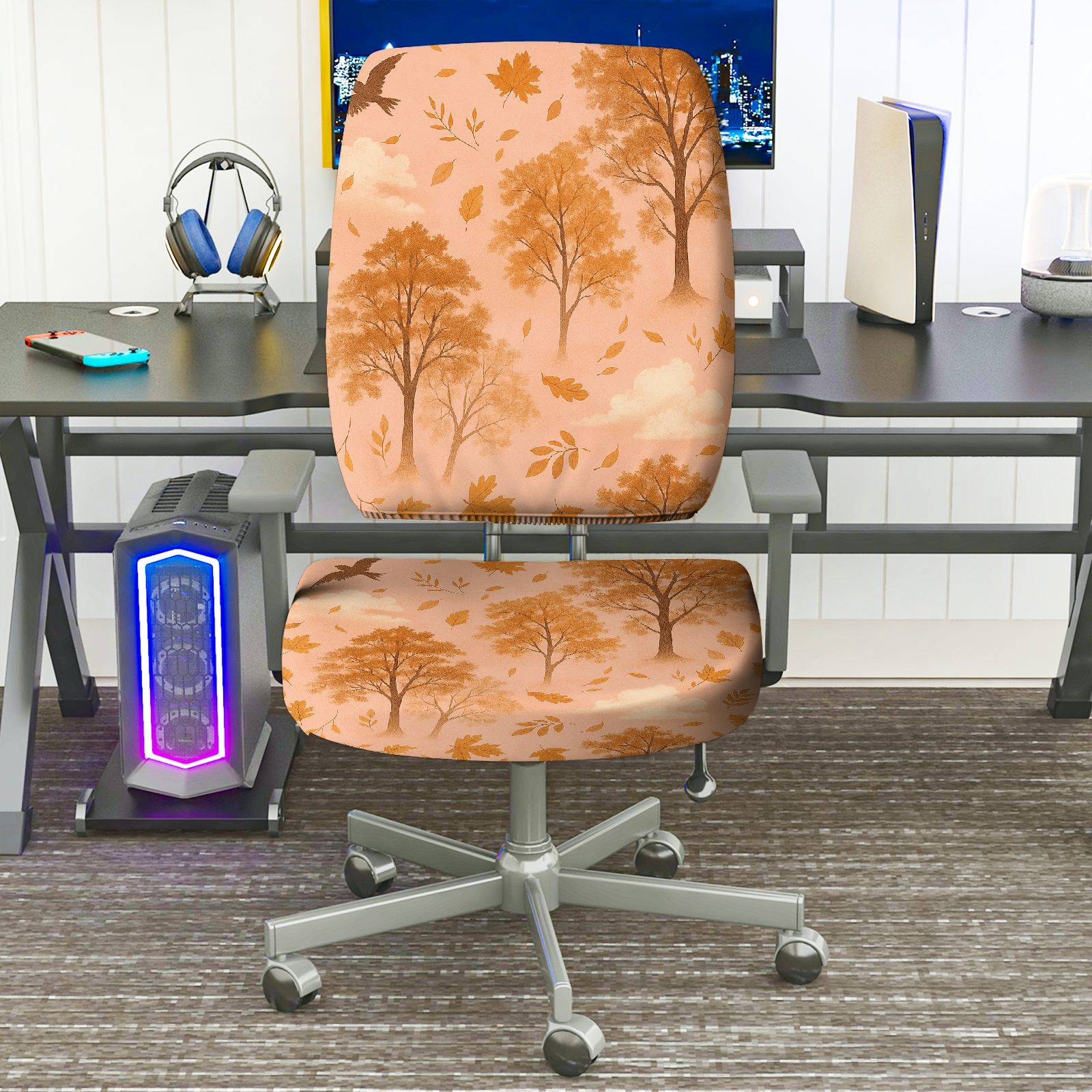 2-Piece Autumn Nature Forest Tree Leaves  Computer Chair Cover Set, Seat and Backrest