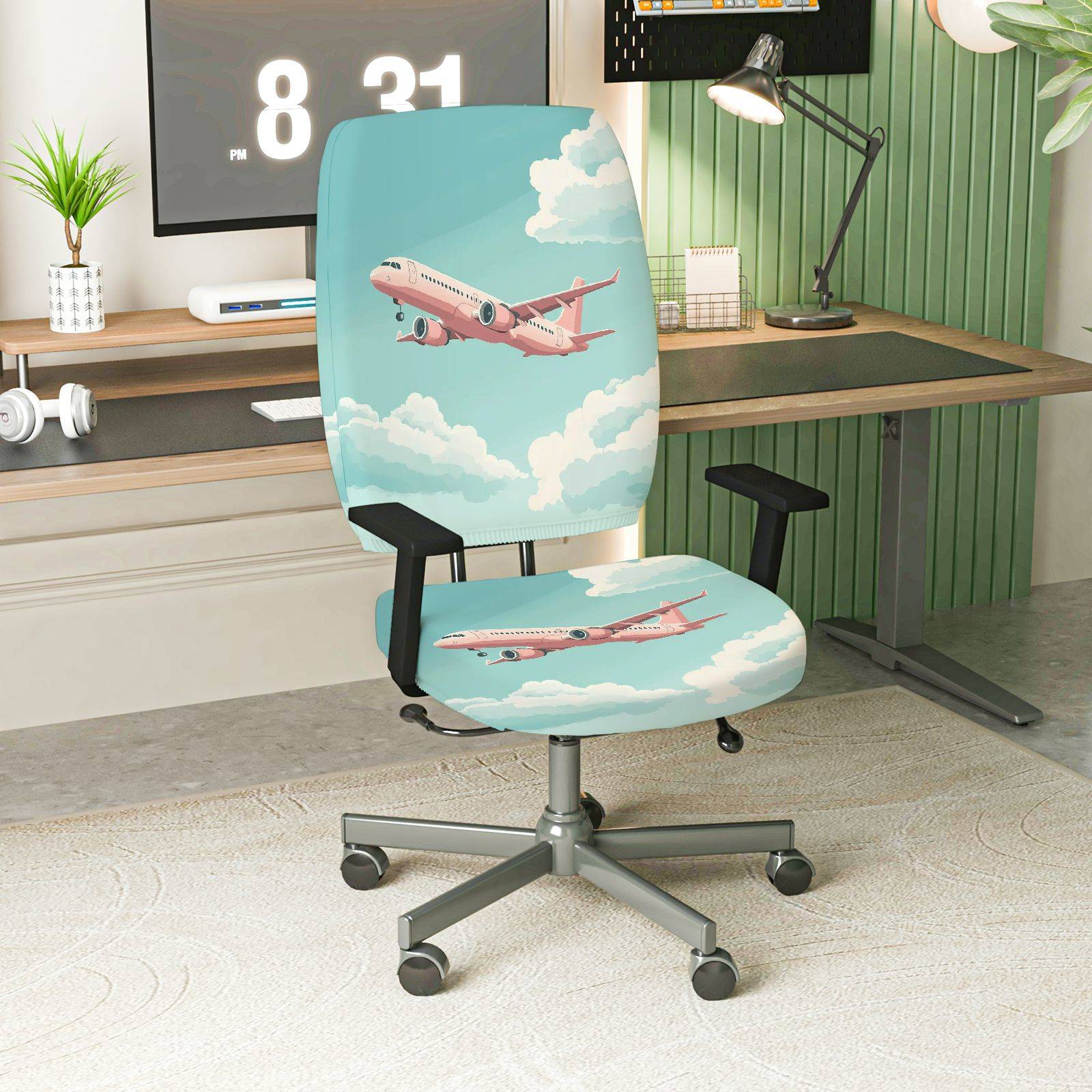 2-Piece Airplane Sky Clouds Travel Adventure  Computer Chair Cover Set, Seat and Backrest