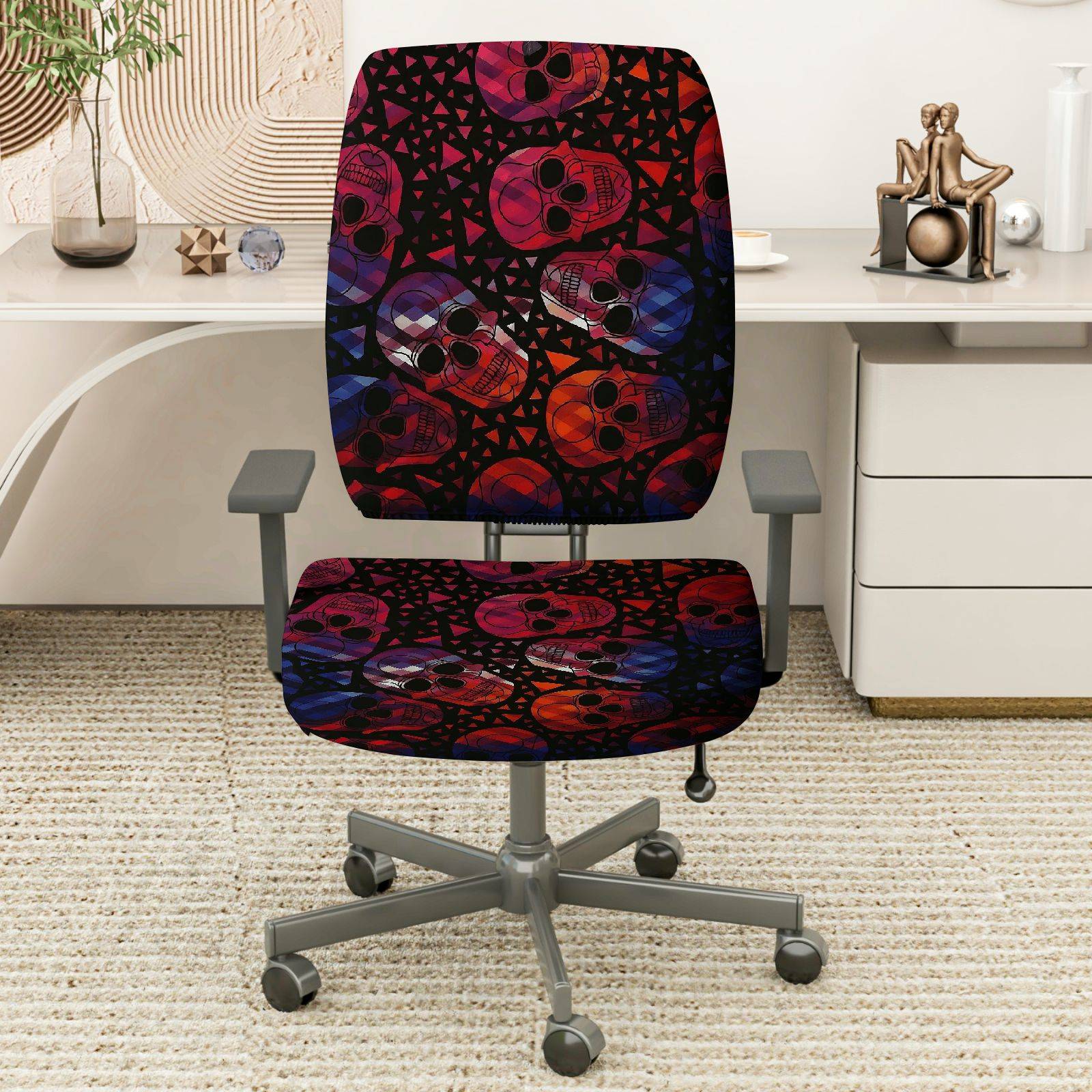 2-Piece Skulls Geometric Pattern Halloween Party Fun  Computer Chair Cover Set, Seat and Backrest