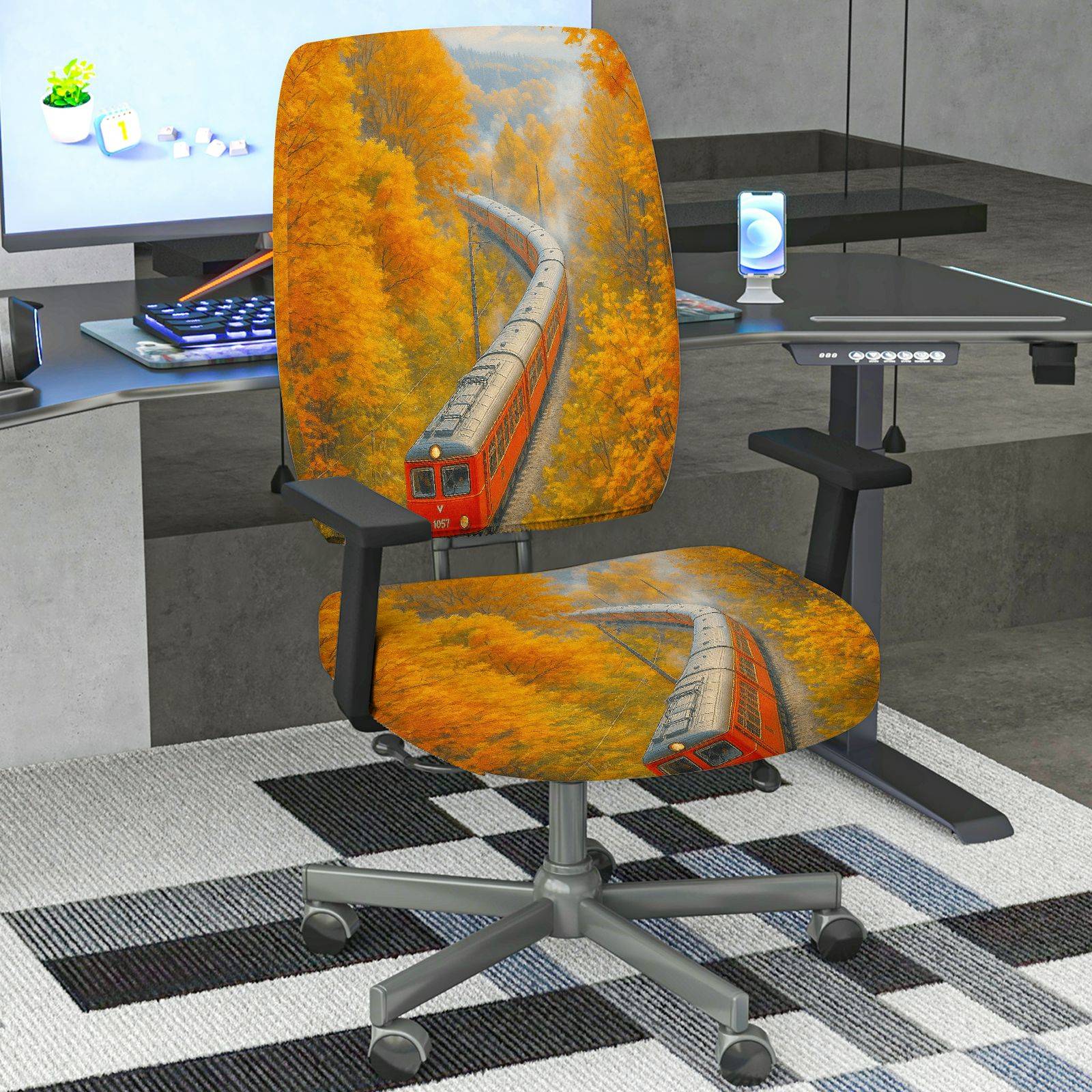 2-Piece Autumn Scenic Train Landscape  Computer Chair Cover Set, Seat and Backrest