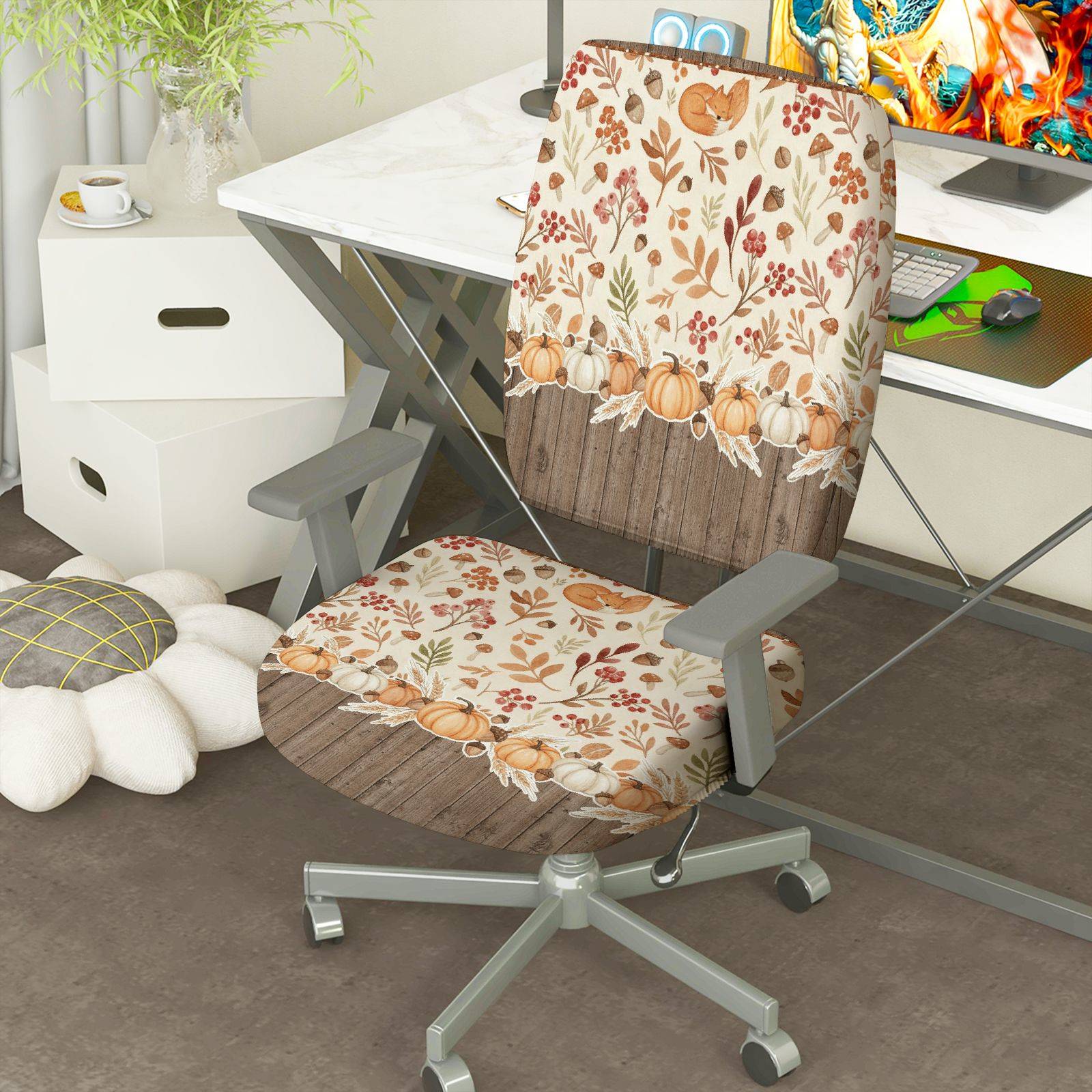 2-Piece Autumn Pumpkin Floral Pattern Thanksgiving  Computer Chair Cover Set, Seat and Backrest