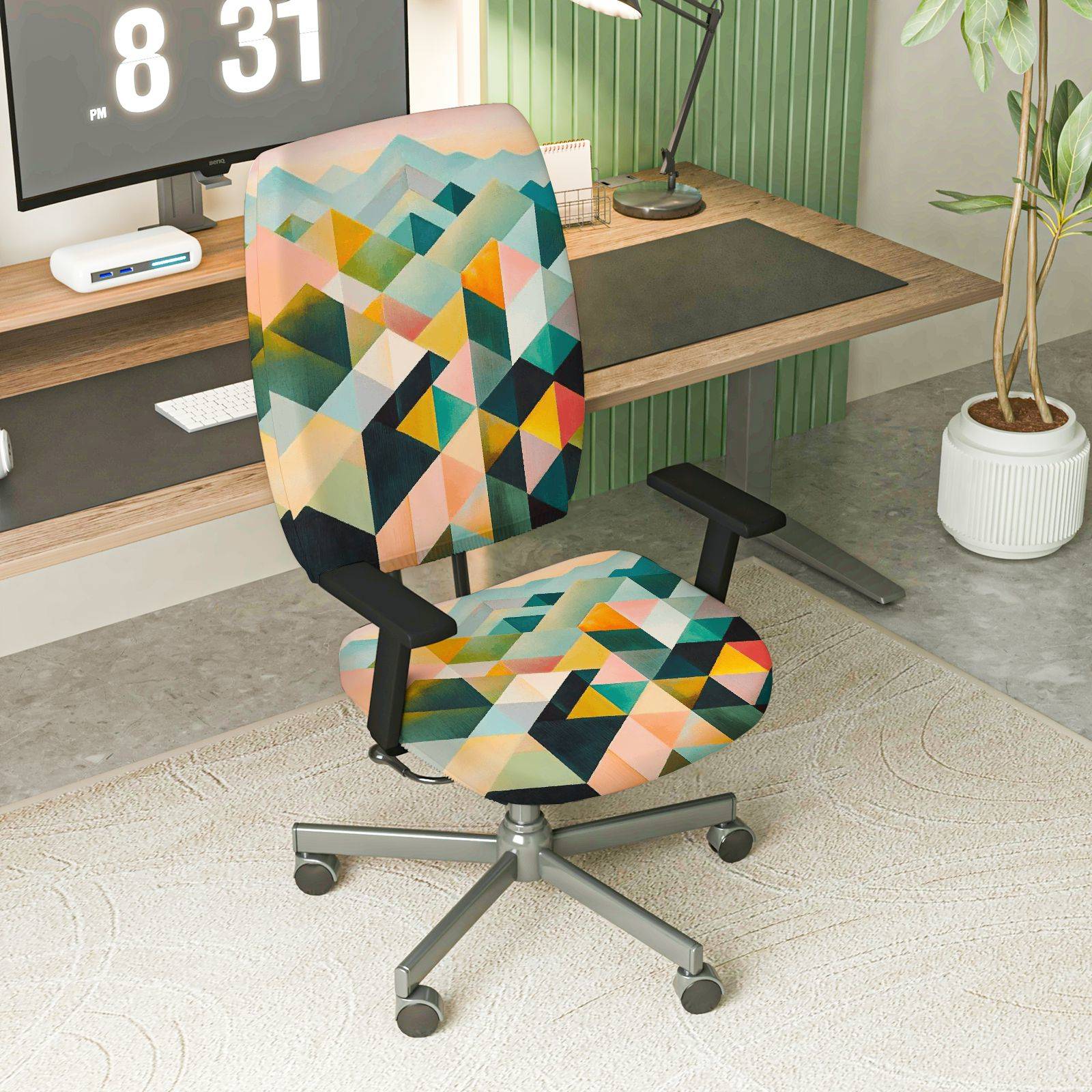 2-Piece Geometric Pattern Colorful Abstract Art Modern Stylish  Computer Chair Cover Set, Seat and Backrest