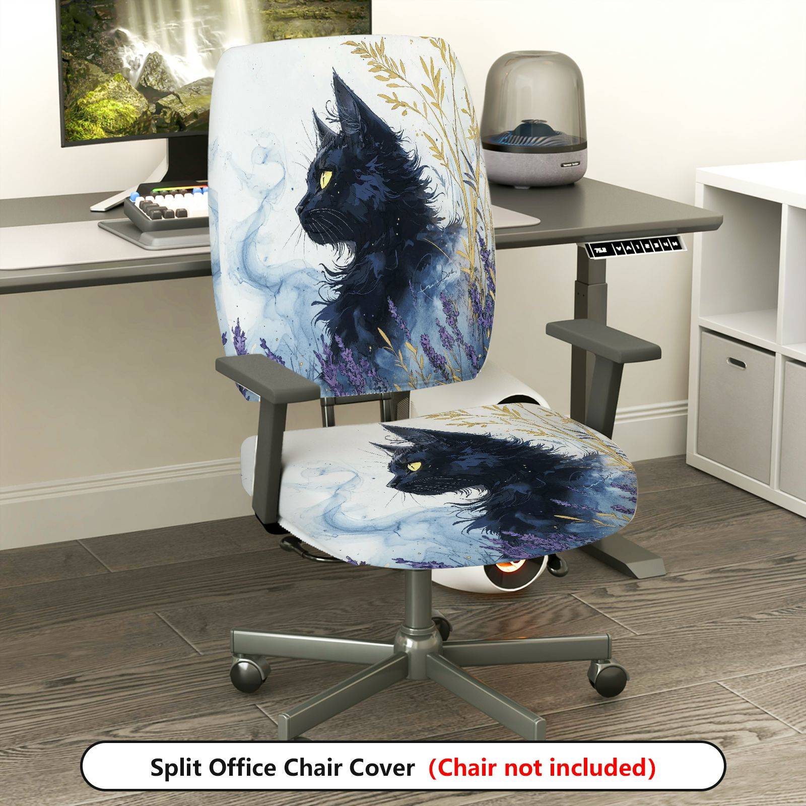 2-Piece Black Cat Gothic Mysterious Art Halloween  Computer Chair Cover Set, Seat and Backrest