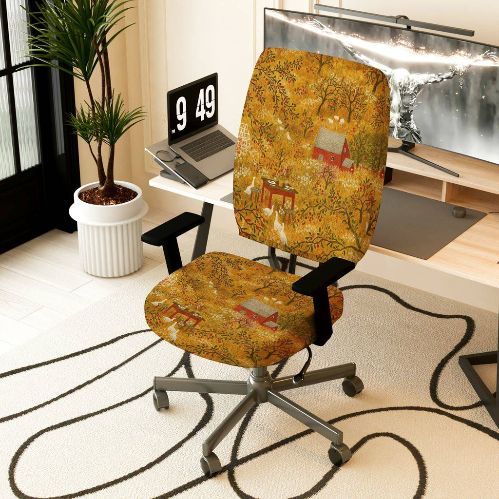 2-Piece Autumn Forest Animal Cabin Rabbit  Computer Chair Cover Set, Seat and Backrest