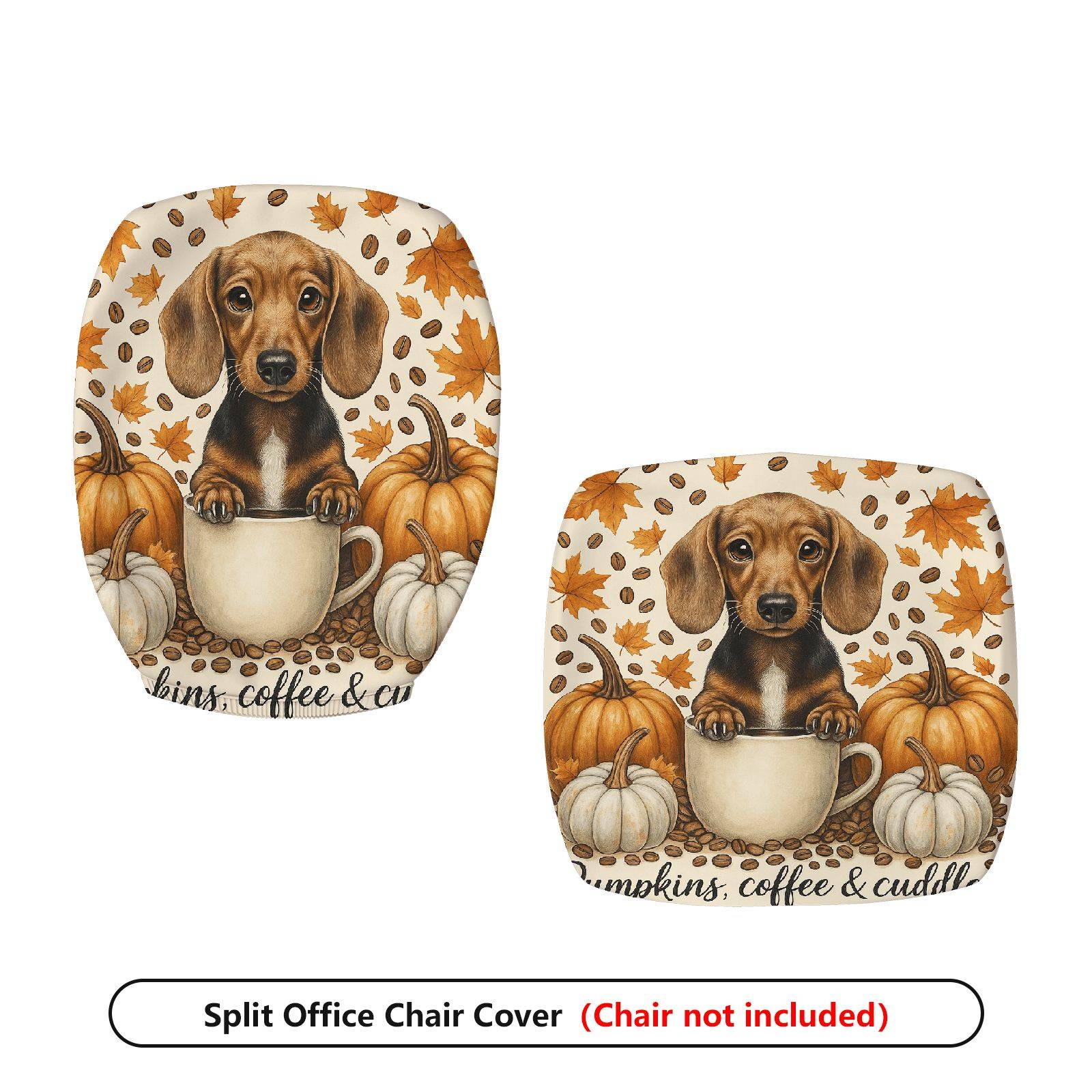 2-Piece Autumn Puppy Pumpkin Leaves Coffee  Computer Chair Cover Set, Seat and Backrest