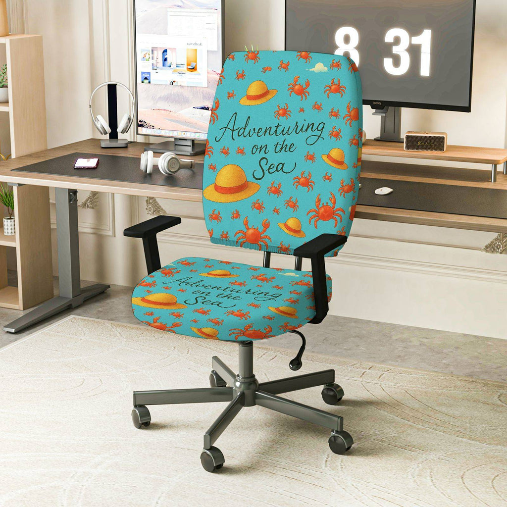 2-Piece Adventuring Sea Crab Hat Fun Blue  Computer Chair Cover Set, Seat and Backrest