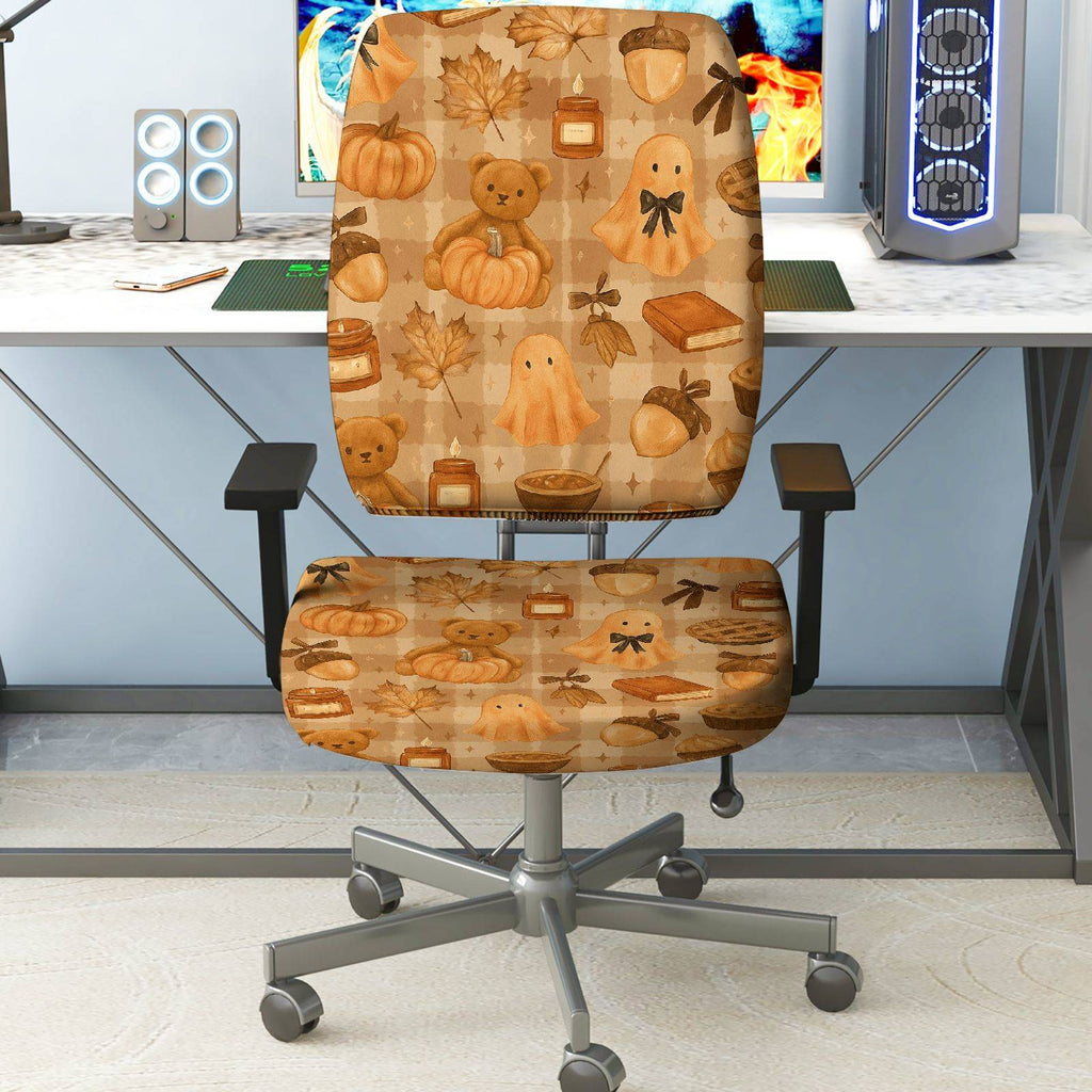 2-Piece Autumn Halloween Pumpkin Bear Cake  Computer Chair Cover Set, Seat and Backrest