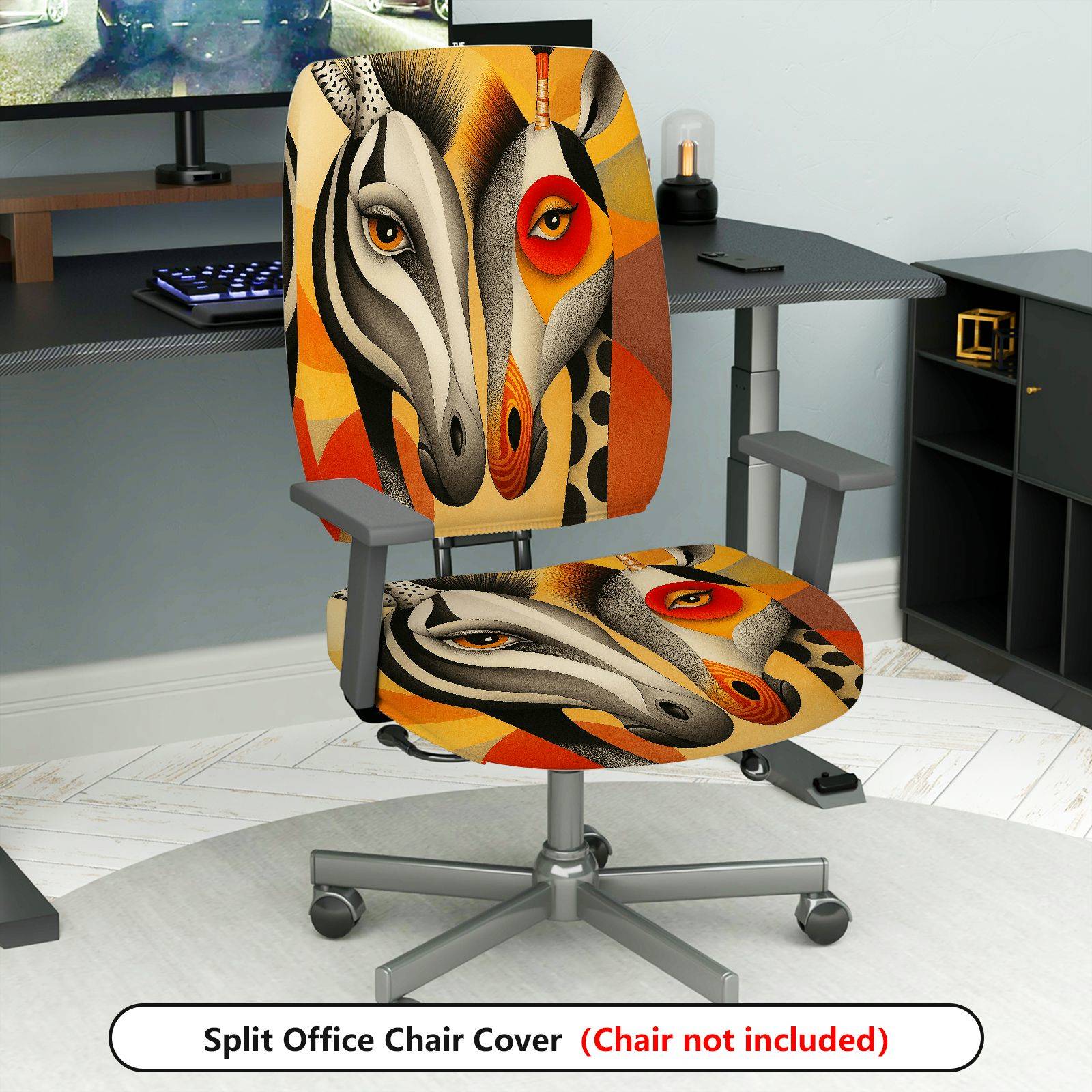 2-Piece Abstract Art Animal Colorful Unique Vibrant  Computer Chair Cover Set, Seat and Backrest