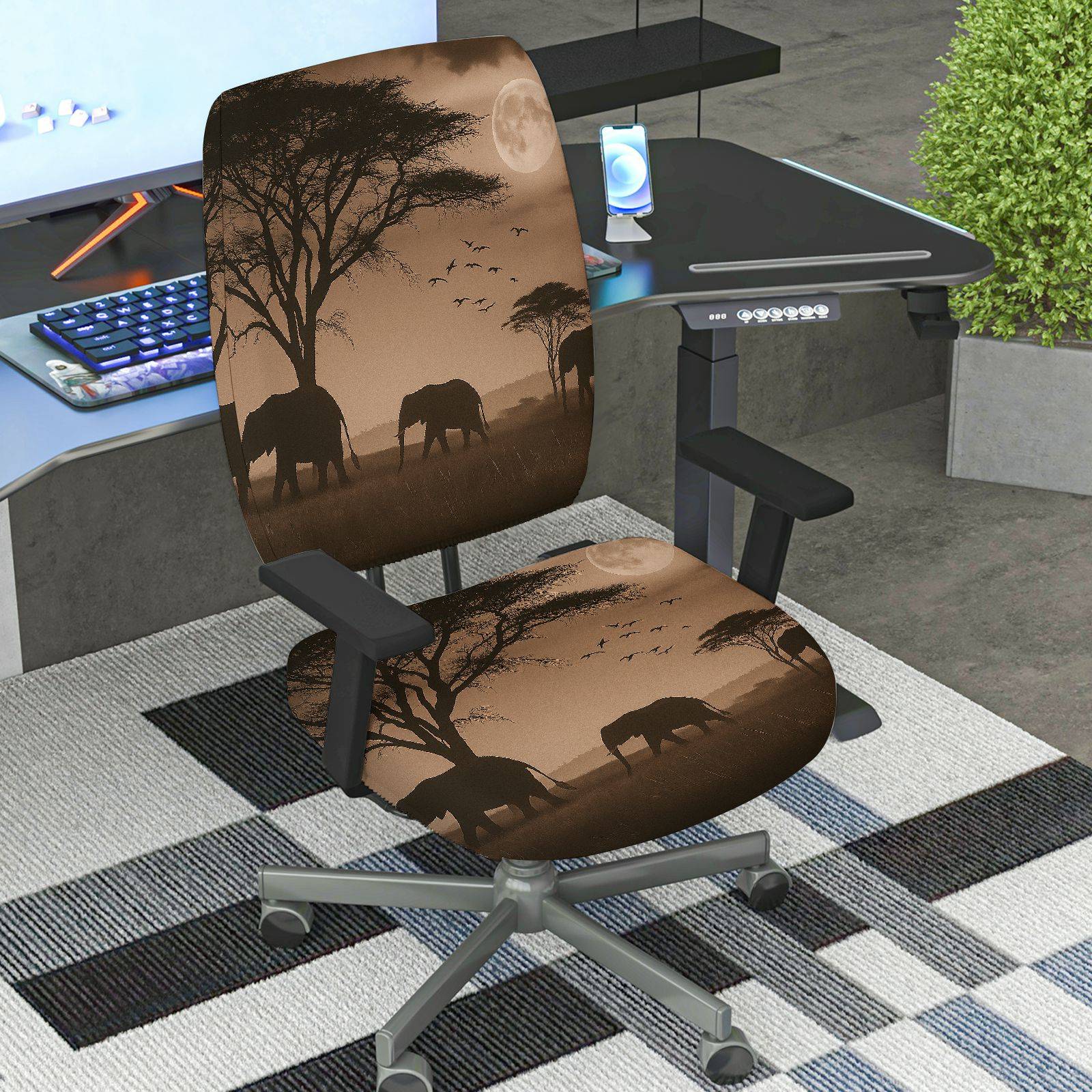 2-Piece African Safari Moon Elephant Bird Tree  Computer Chair Cover Set, Seat and Backrest