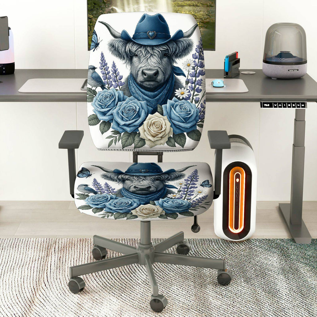 2-Piece Cowboy Blue Floral Animal Farm  Computer Chair Cover Set, Seat and Backrest