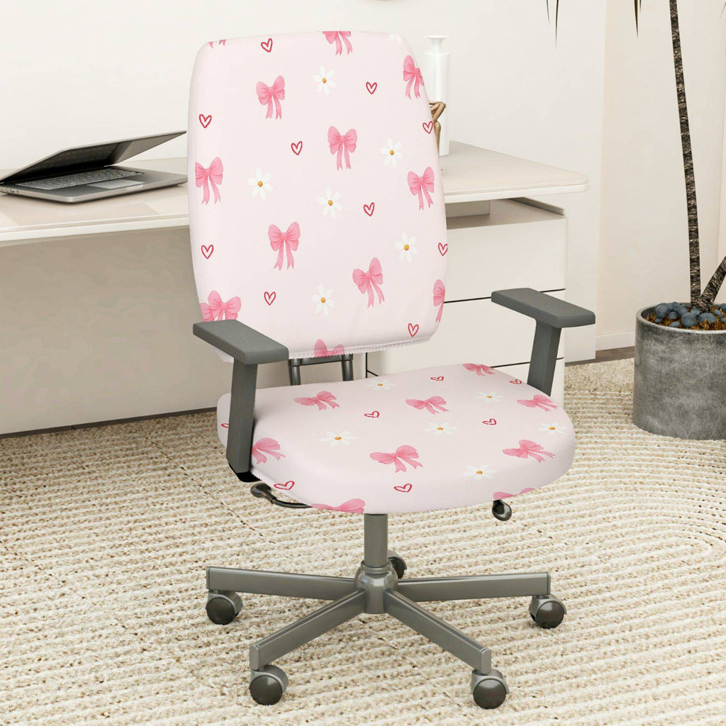 2-Piece Pink Bowknot Daisy Heart Cute  Computer Chair Cover Set, Seat and Backrest