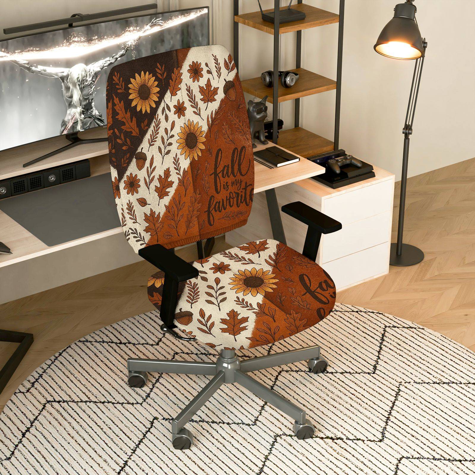 2-Piece Autumn Floral Leaf Text Fall  Computer Chair Cover Set, Seat and Backrest