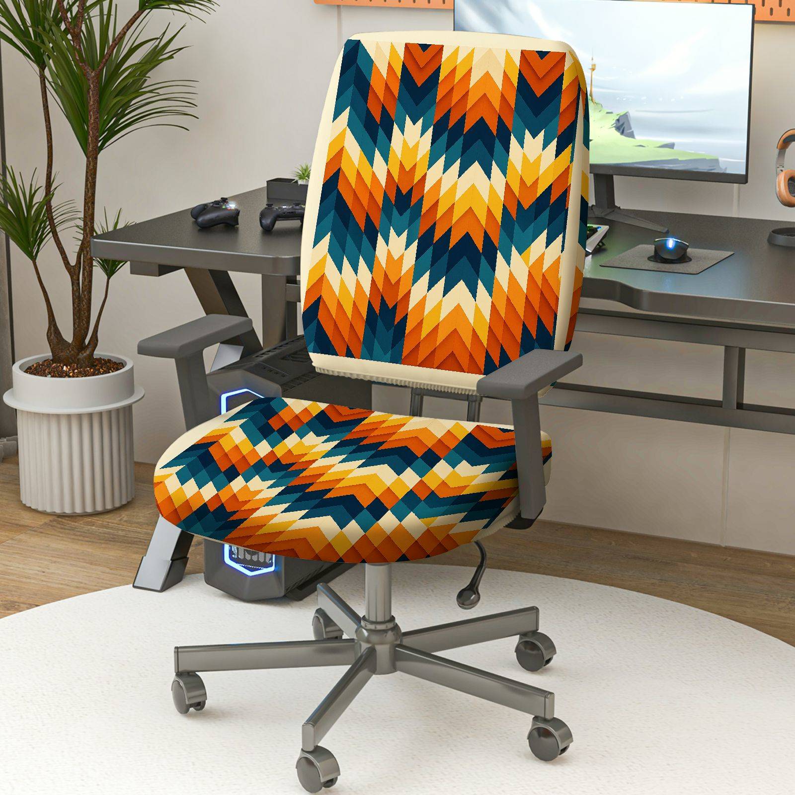 2-Piece Colorful Geometric Wave Pattern  Computer Chair Cover Set, Seat and Backrest
