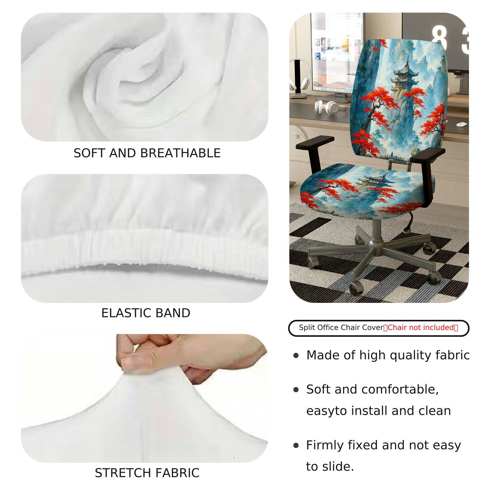 2-Piece Asian Zen Nature Landscape Art  Computer Chair Cover Set, Seat and Backrest