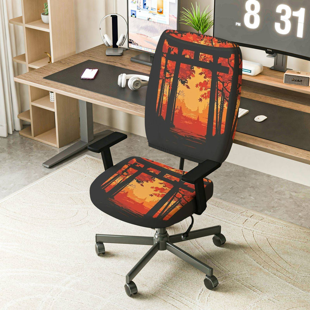 2-Piece Autumn Sunset Forest Gate Silhouette Scenery  Computer Chair Cover Set, Seat and Backrest
