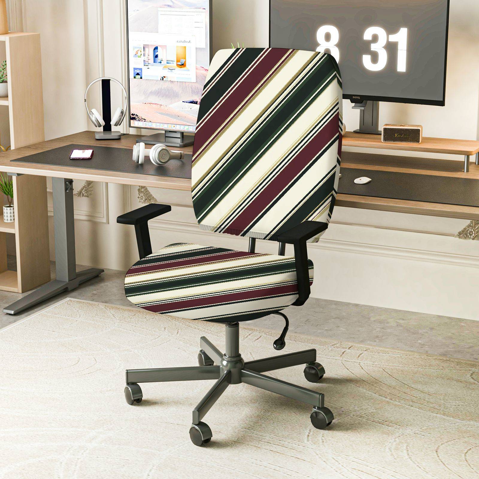 2-Piece Striped Colorful Geometric Modern Stylish  Computer Chair Cover Set, Seat and Backrest
