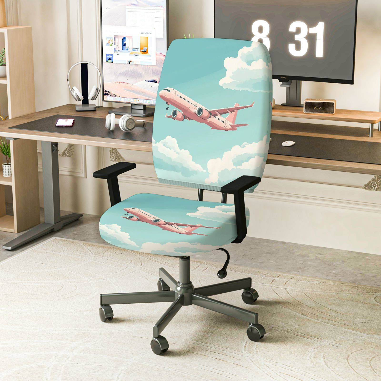 2-Piece Airplane Sky Clouds Travel Adventure  Computer Chair Cover Set, Seat and Backrest