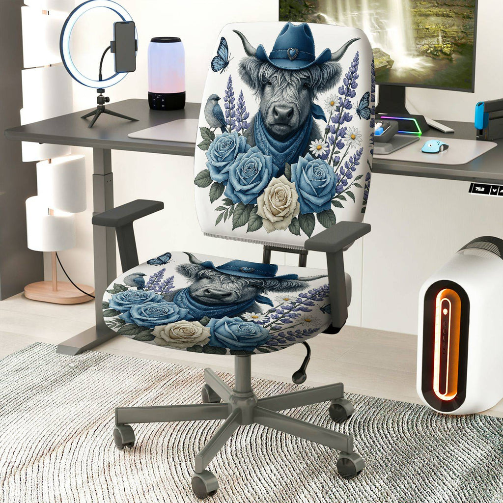 2-Piece Cowboy Blue Floral Animal Farm  Computer Chair Cover Set, Seat and Backrest