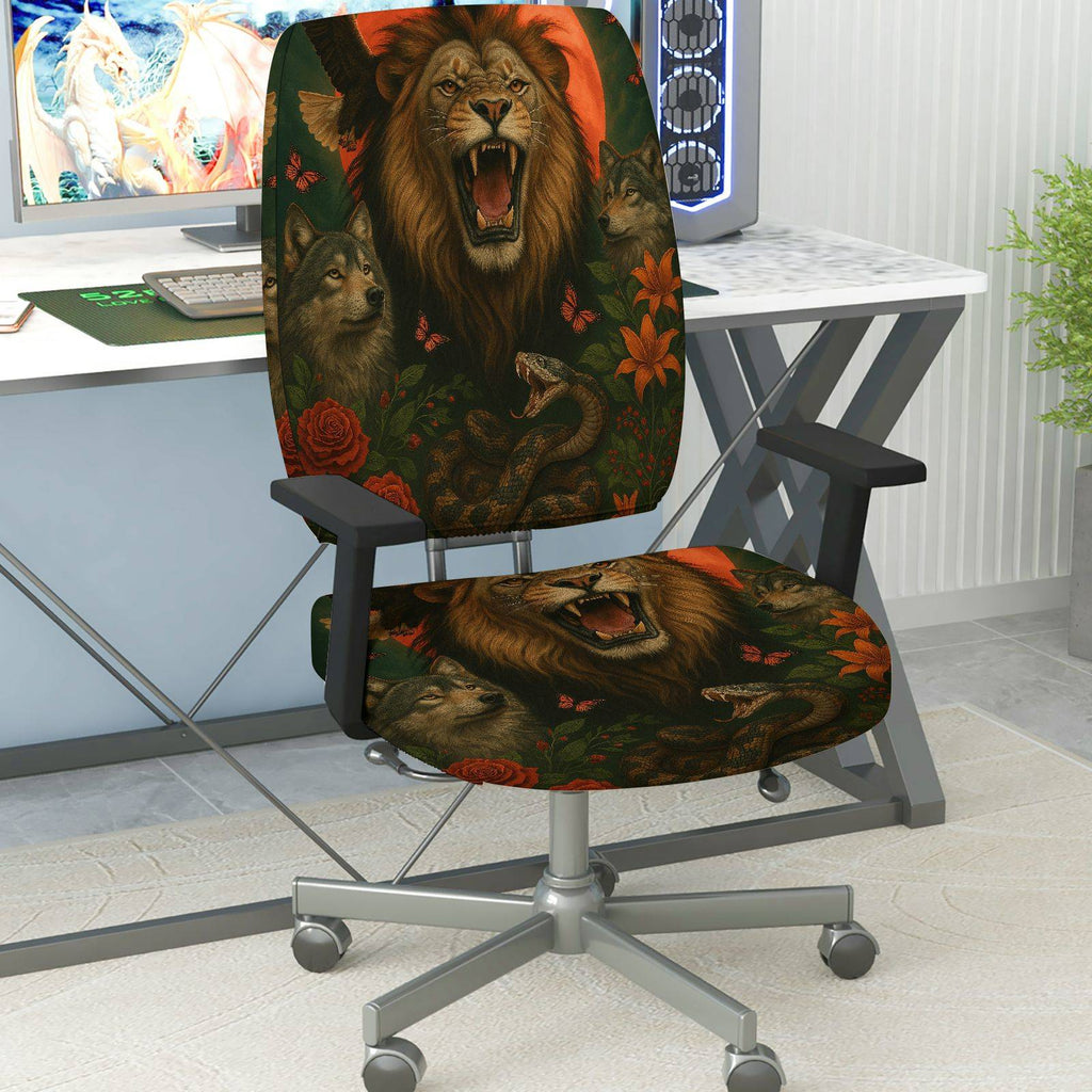 2-Piece Animal Lion Wolf Snake Butterfly Rose  Computer Chair Cover Set, Seat and Backrest