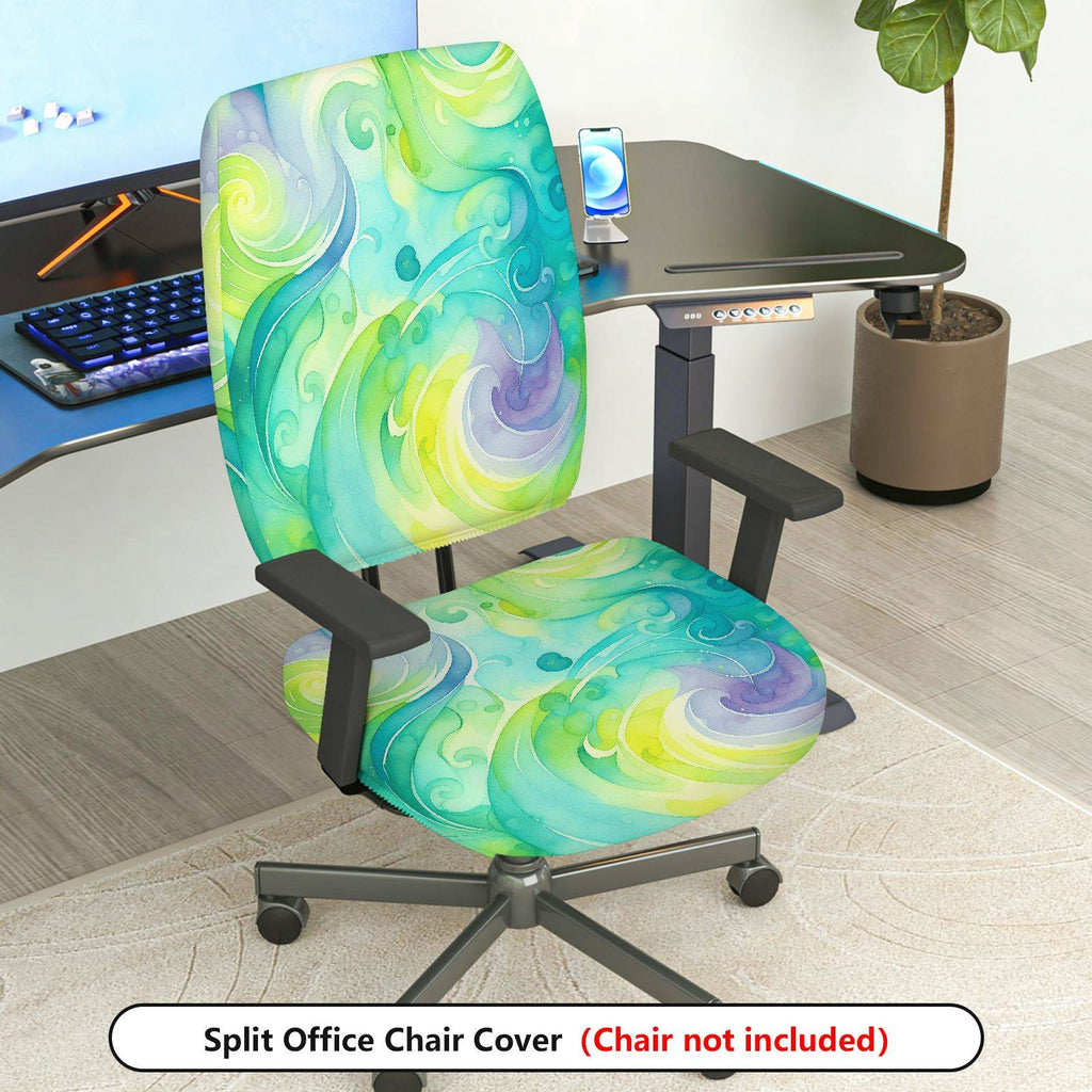 2-Piece Abstract Swirl Artistic Watercolor Green Blue Yellow  Computer Chair Cover Set, Seat and Backrest