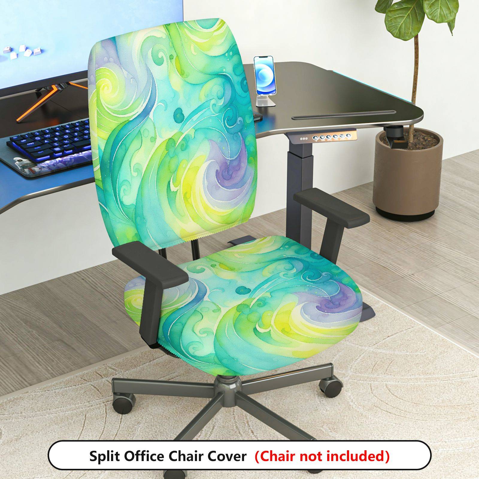 2-Piece Abstract Swirl Artistic Watercolor Green Blue Yellow  Computer Chair Cover Set, Seat and Backrest