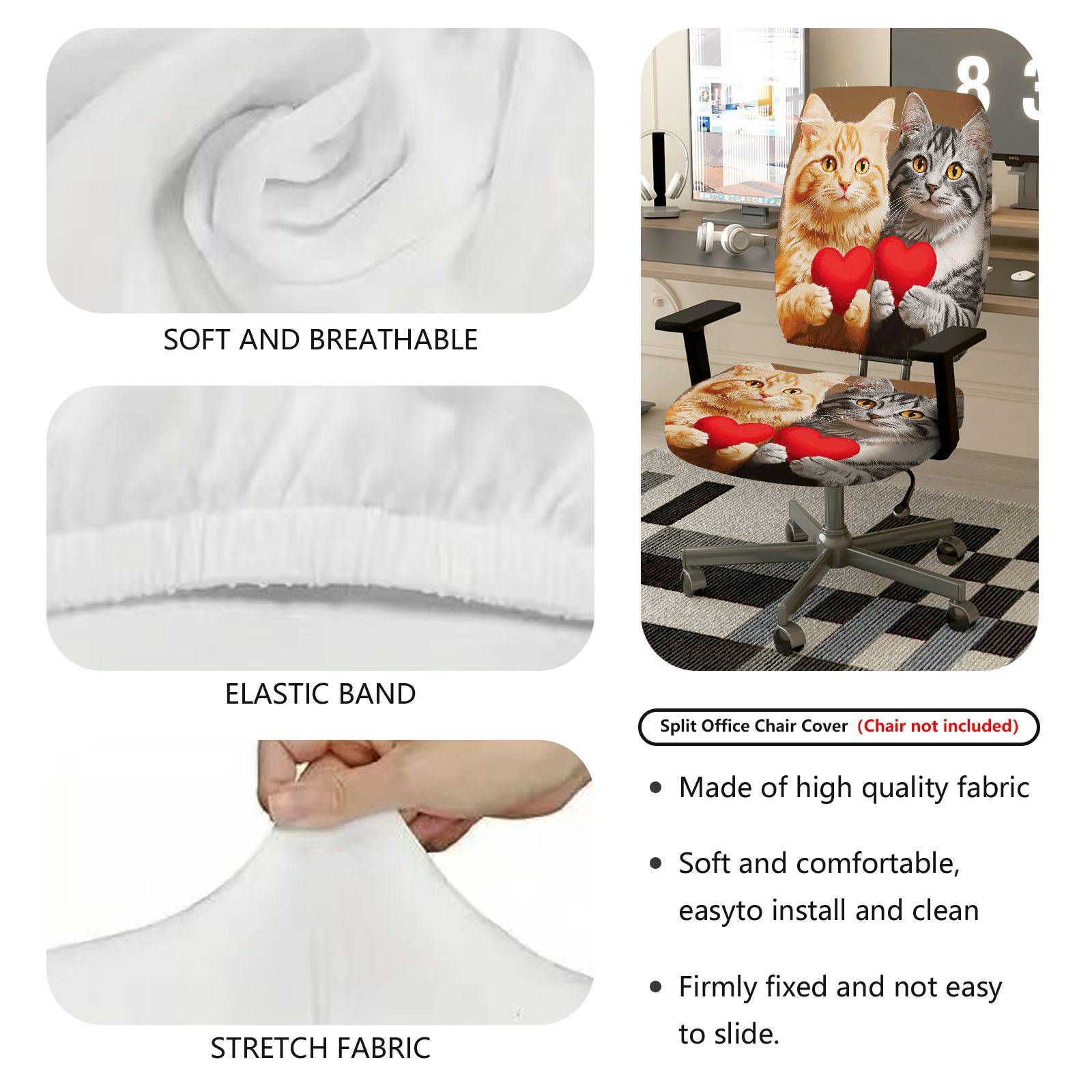 2-Piece Adorable Loving Heart Cat Design Cute Animal Valentine Gift  Computer Chair Cover Set, Seat and Backrest