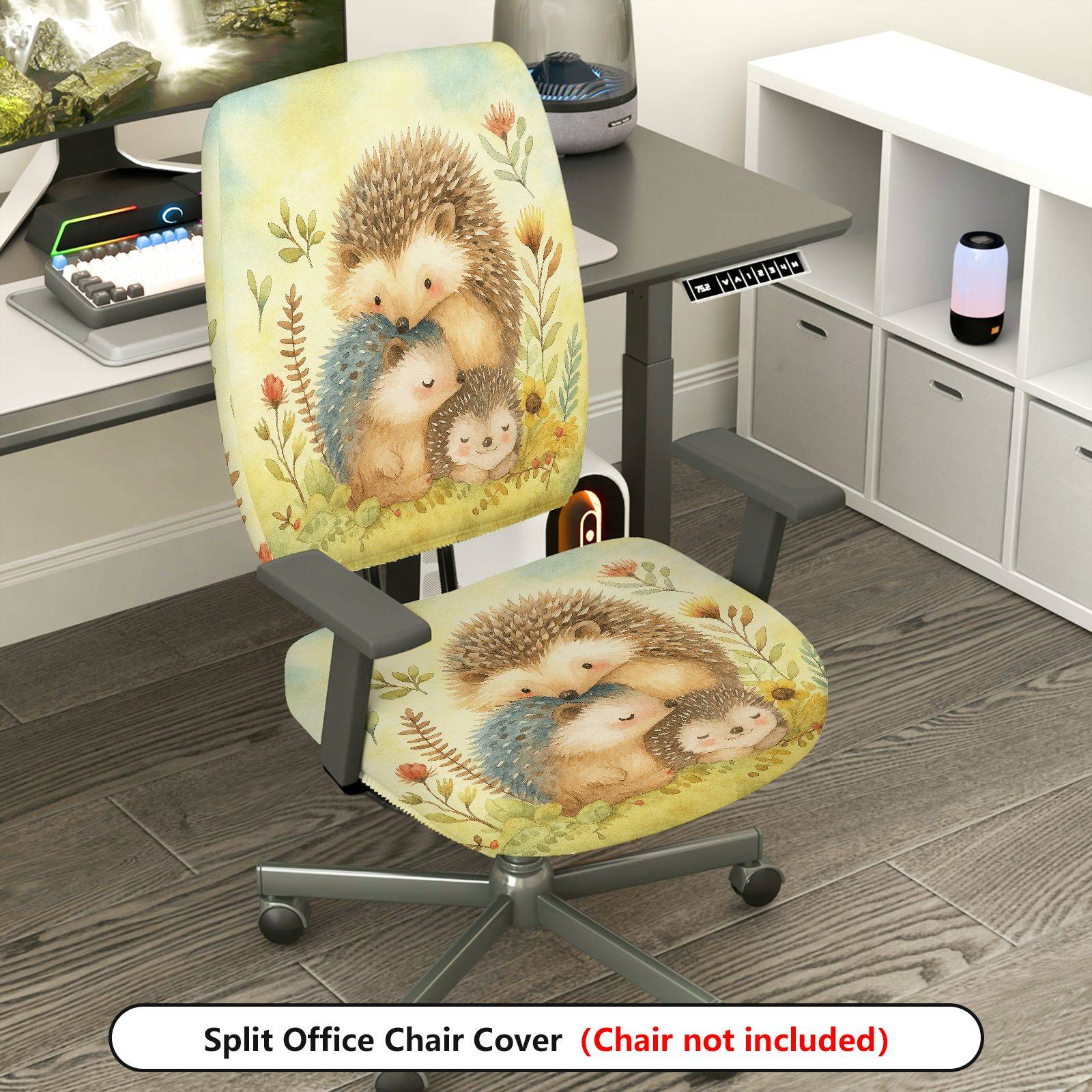2-Piece Animal Pattern Cute Hedgehog Nature Floral  Computer Chair Cover Set, Seat and Backrest