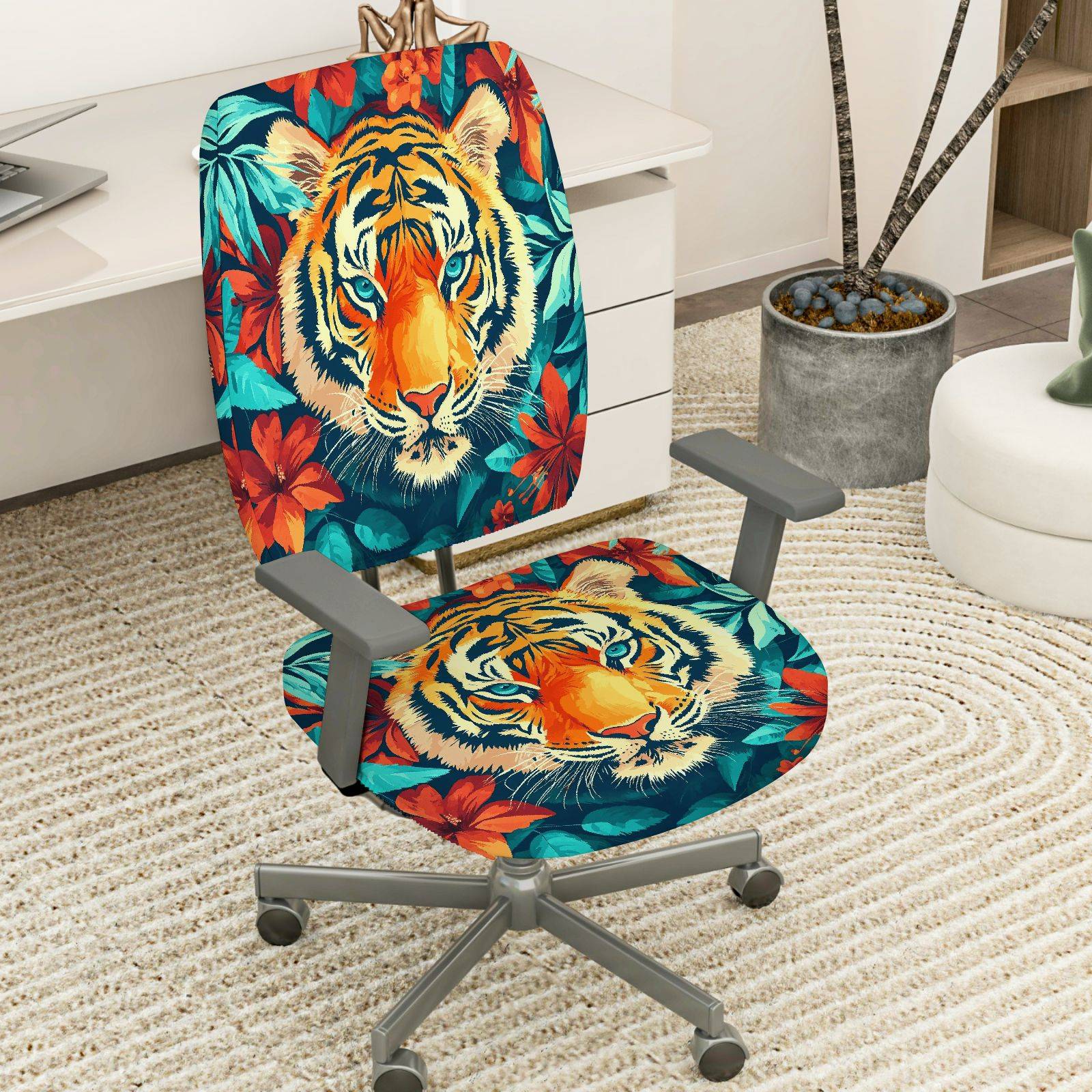 2-Piece Tiger Floral Animal Art Nature Wildlife  Computer Chair Cover Set, Seat and Backrest