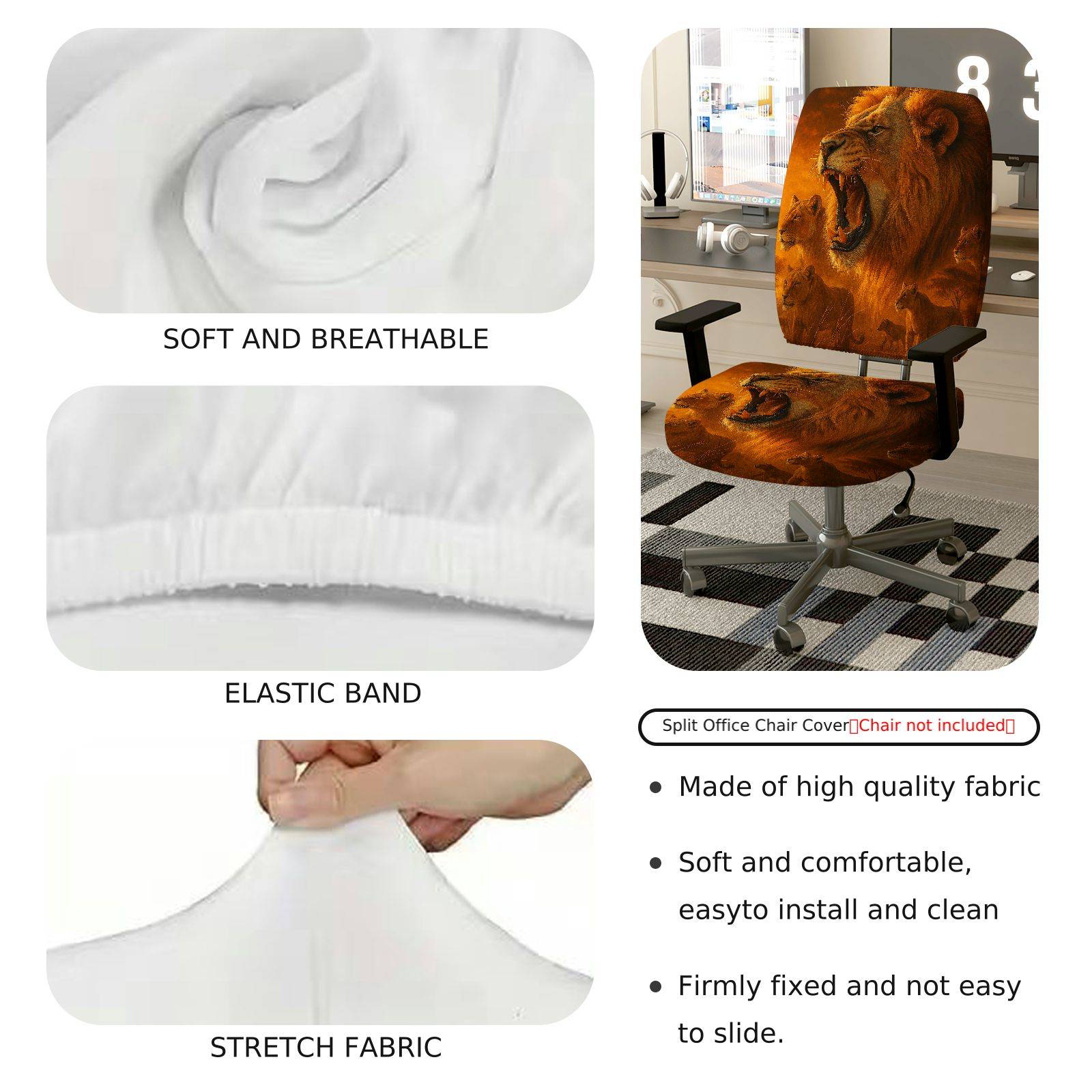 2-Piece Animal Lion Wildlife Nature Stylish  Computer Chair Cover Set, Seat and Backrest