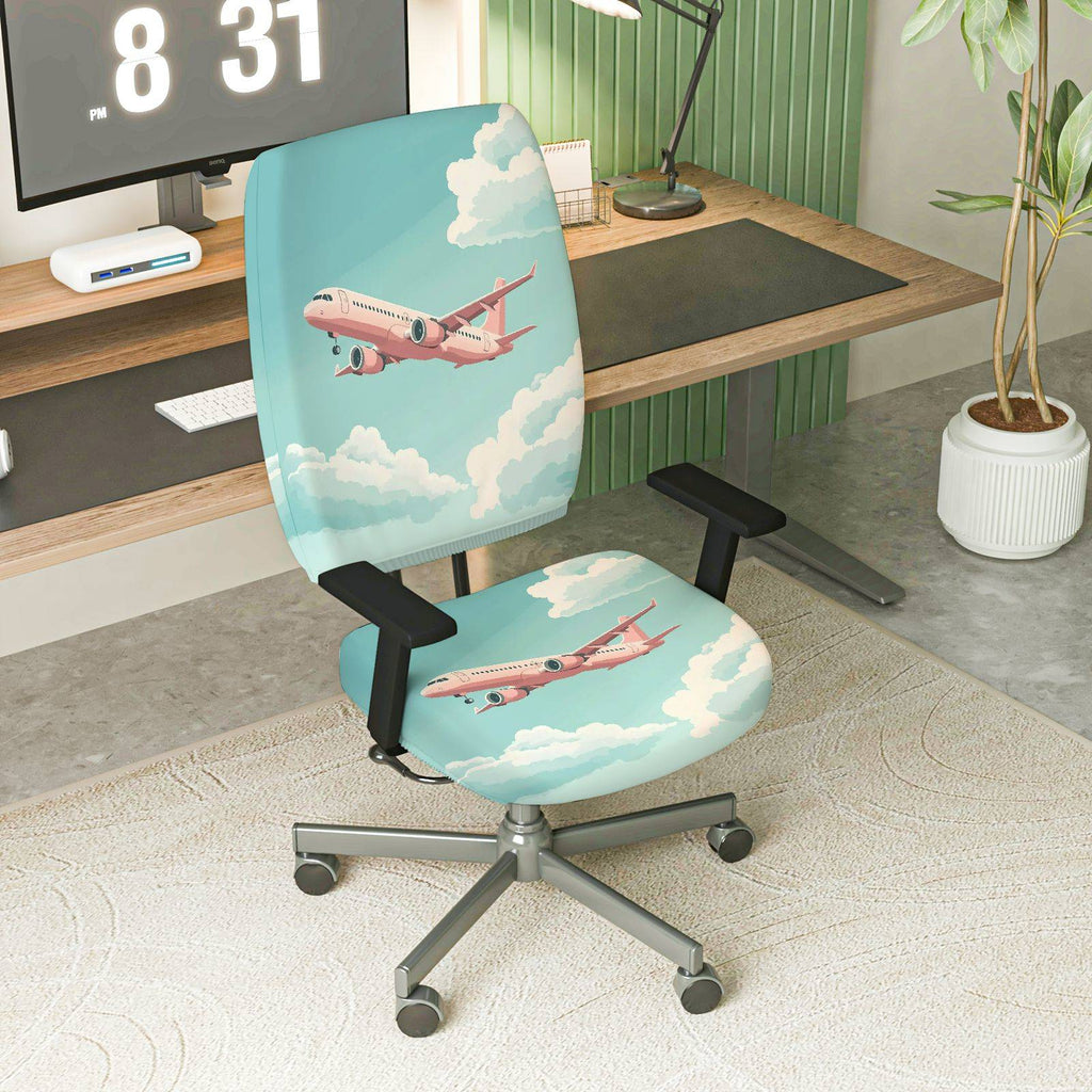 2-Piece Airplane Sky Clouds Travel Adventure  Computer Chair Cover Set, Seat and Backrest