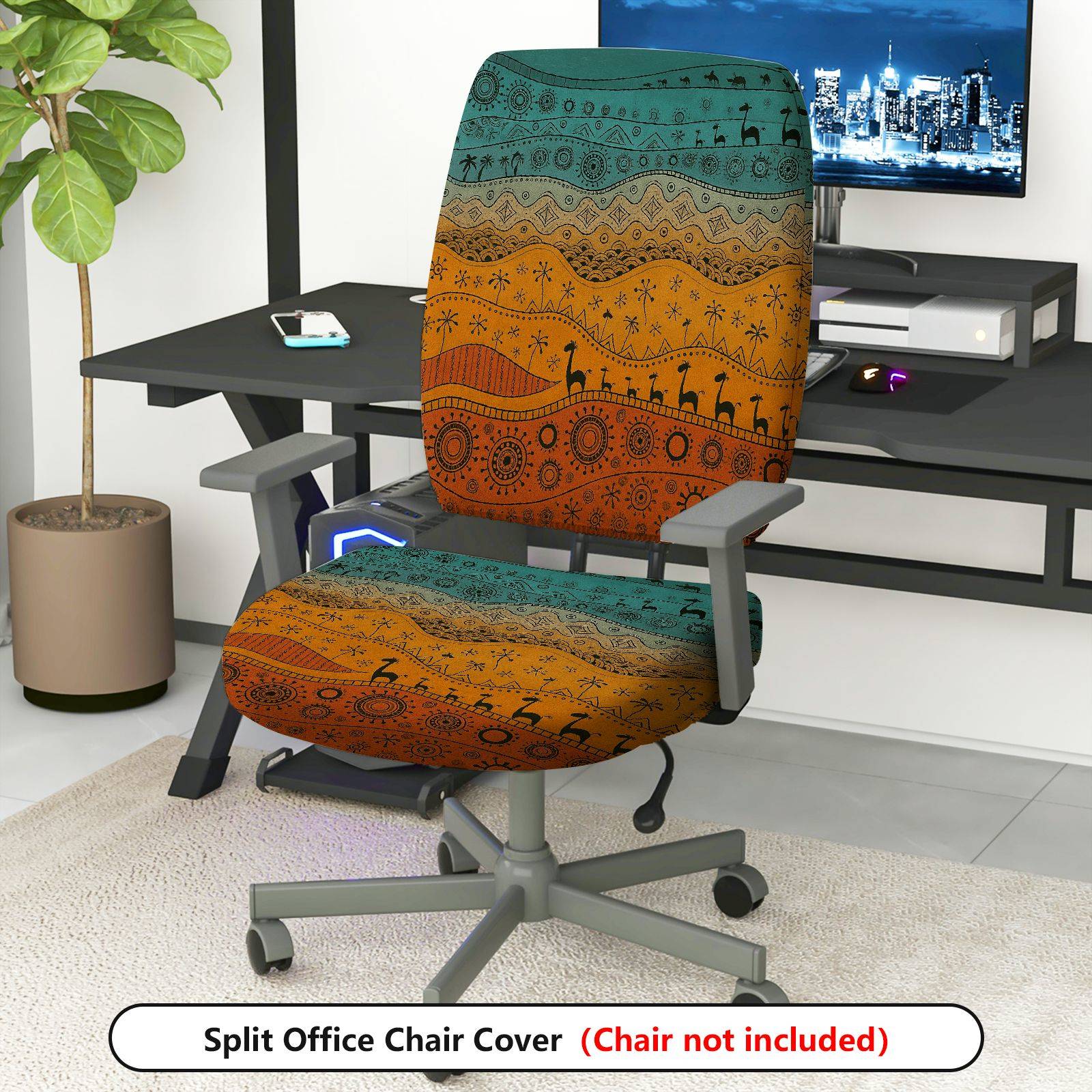 2-Piece Colorful Tribal Pattern Animal Geometric Holiday  Computer Chair Cover Set, Seat and Backrest