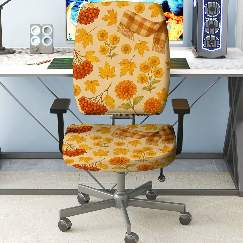 2-Piece Autumn Floral Maple Chrysanthemum Scarf Pattern  Computer Chair Cover Set, Seat and Backrest