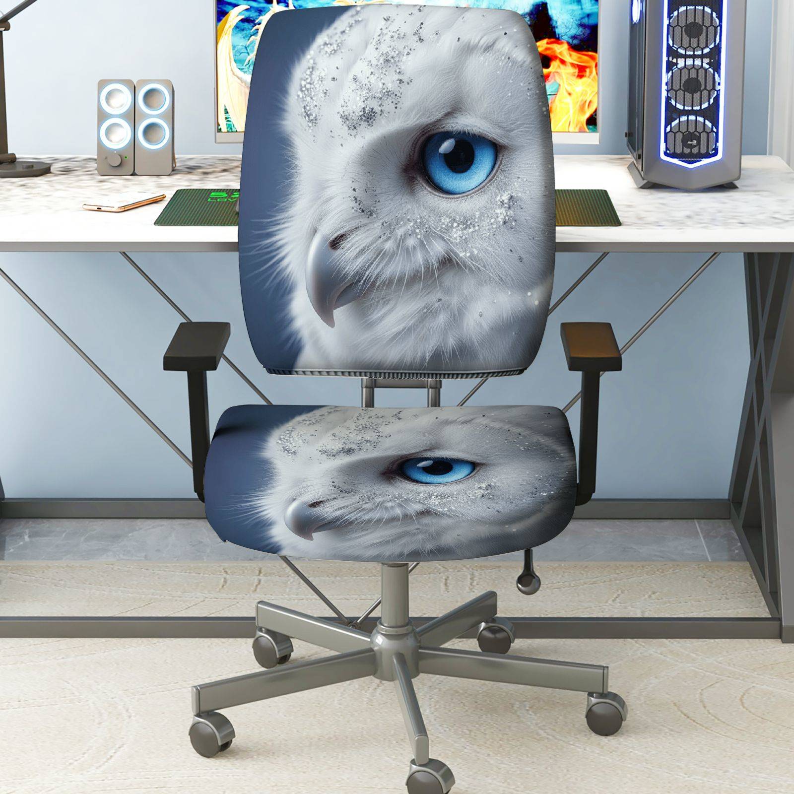 2-Piece Animal Owl Blue Eye Snow Glitter  Computer Chair Cover Set, Seat and Backrest