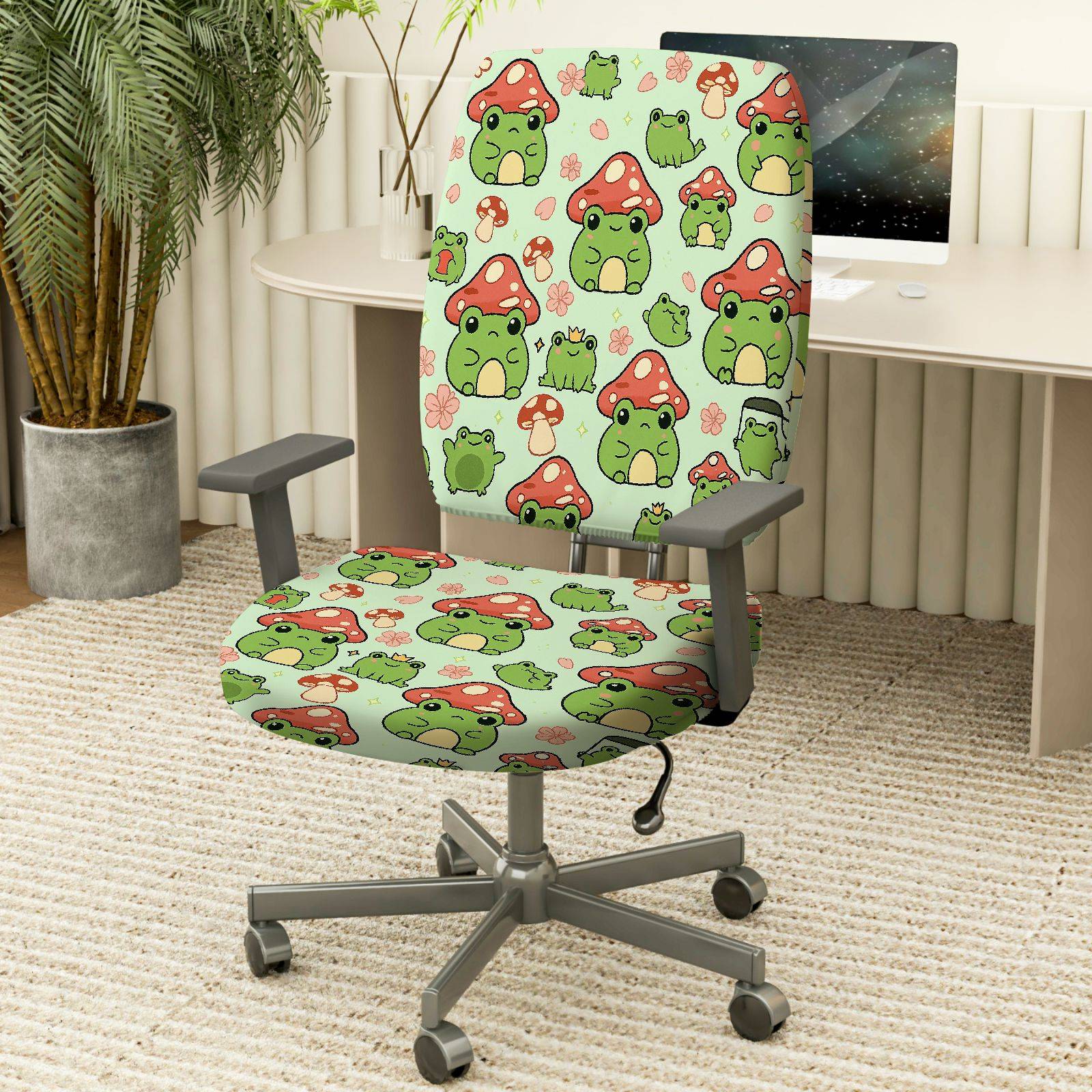 2-Piece Frog Mushroom Cute Green Animals  Computer Chair Cover Set, Seat and Backrest