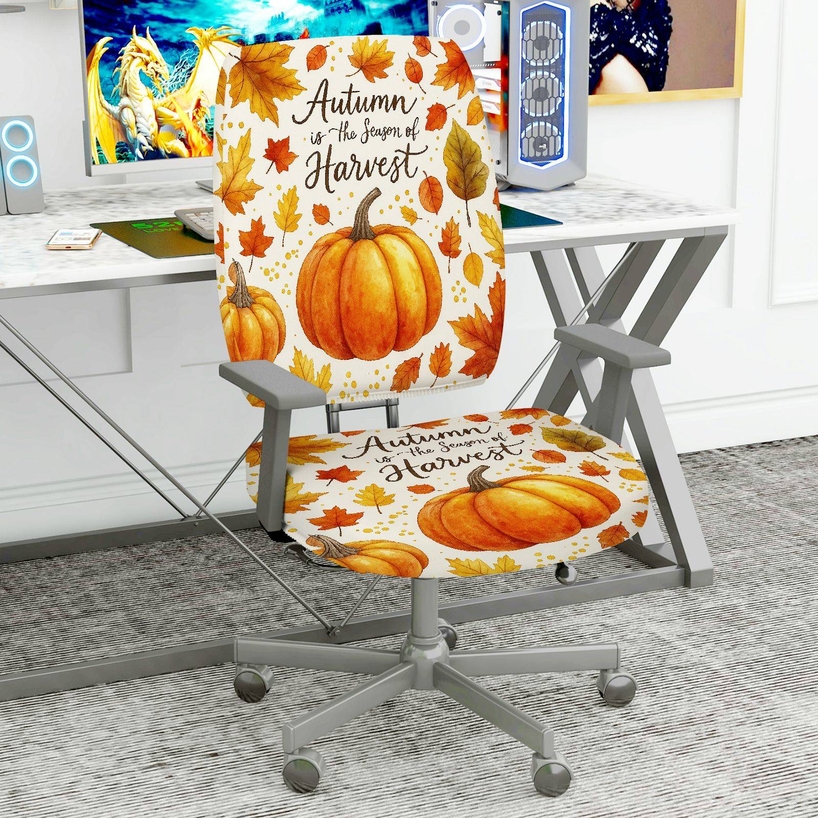 2-Piece Autumn Harvest Pumpkin Leaves Thanksgiving  Computer Chair Cover Set, Seat and Backrest