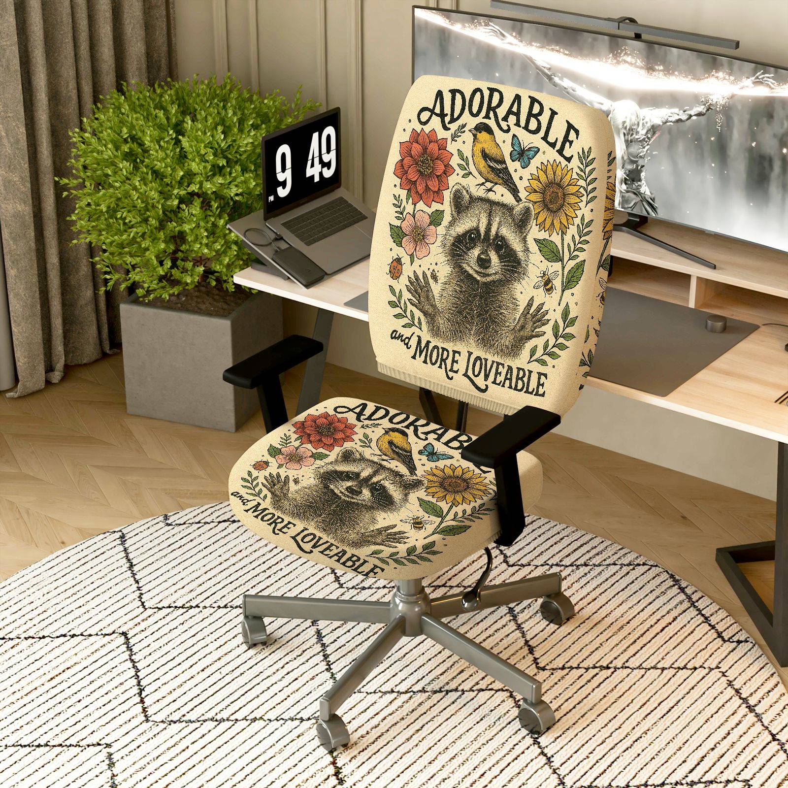 2-Piece Adorable Raccoon Floral Nature Animal  Computer Chair Cover Set, Seat and Backrest