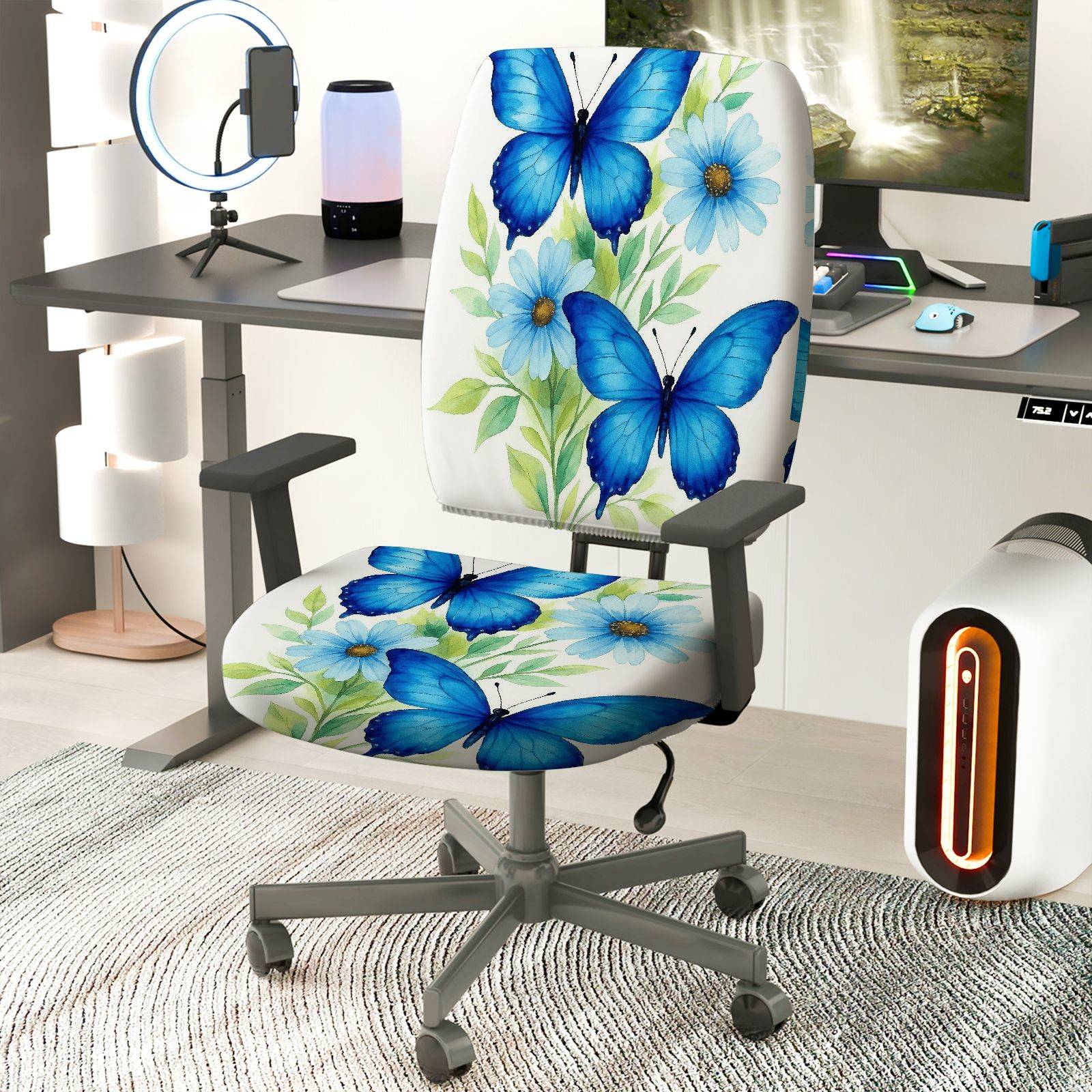 2-Piece Butterfly Flower Pattern Nature Colorful  Computer Chair Cover Set, Seat and Backrest