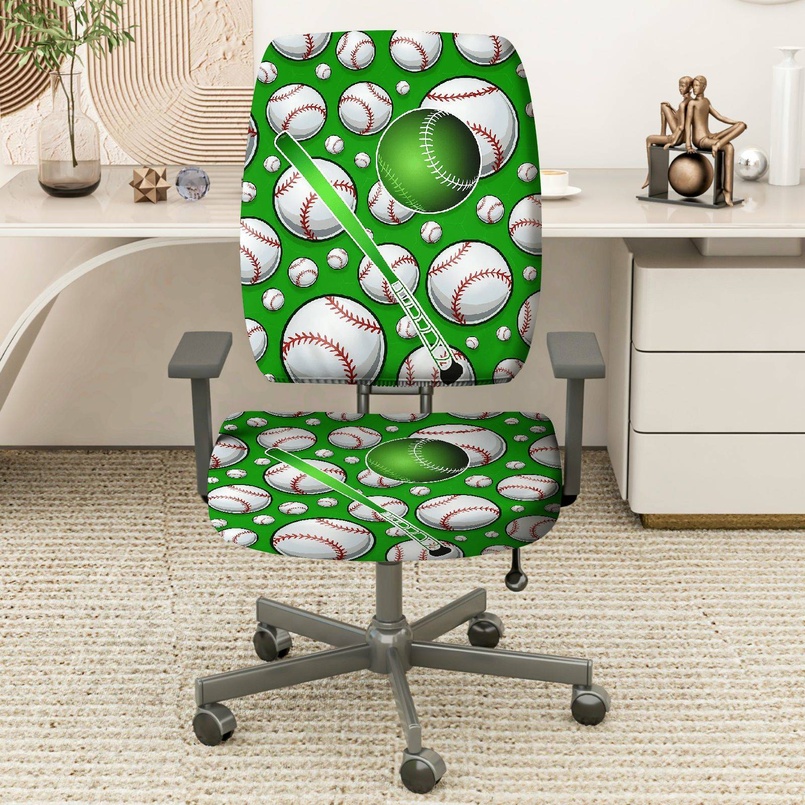 2-Piece Baseball Sports Pattern Green  Computer Chair Cover Set, Seat and Backrest