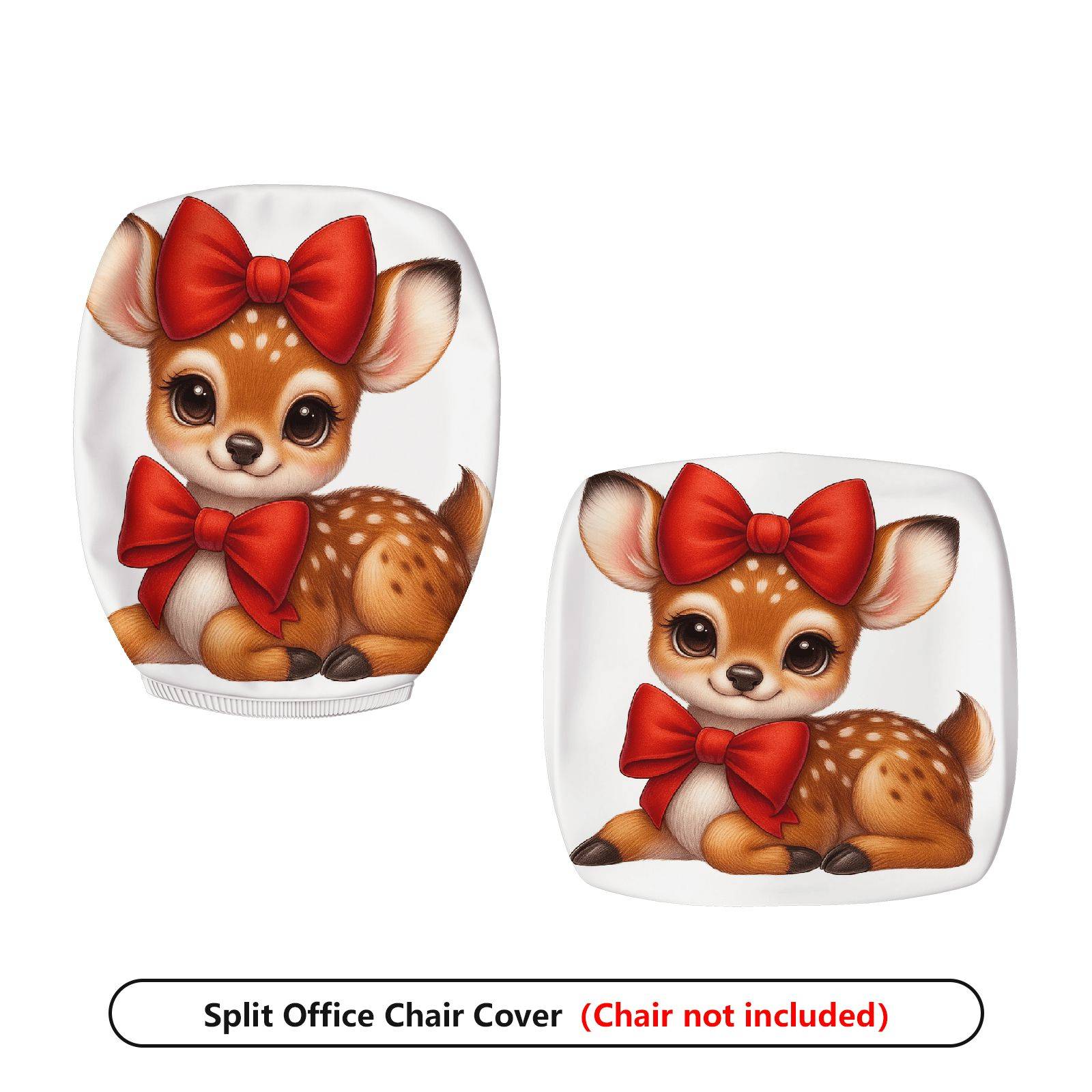2-Piece Deer Red Bow Christmas  Computer Chair Cover Set, Seat and Backrest