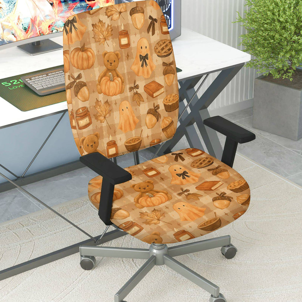 2-Piece Autumn Halloween Pumpkin Bear Cake  Computer Chair Cover Set, Seat and Backrest