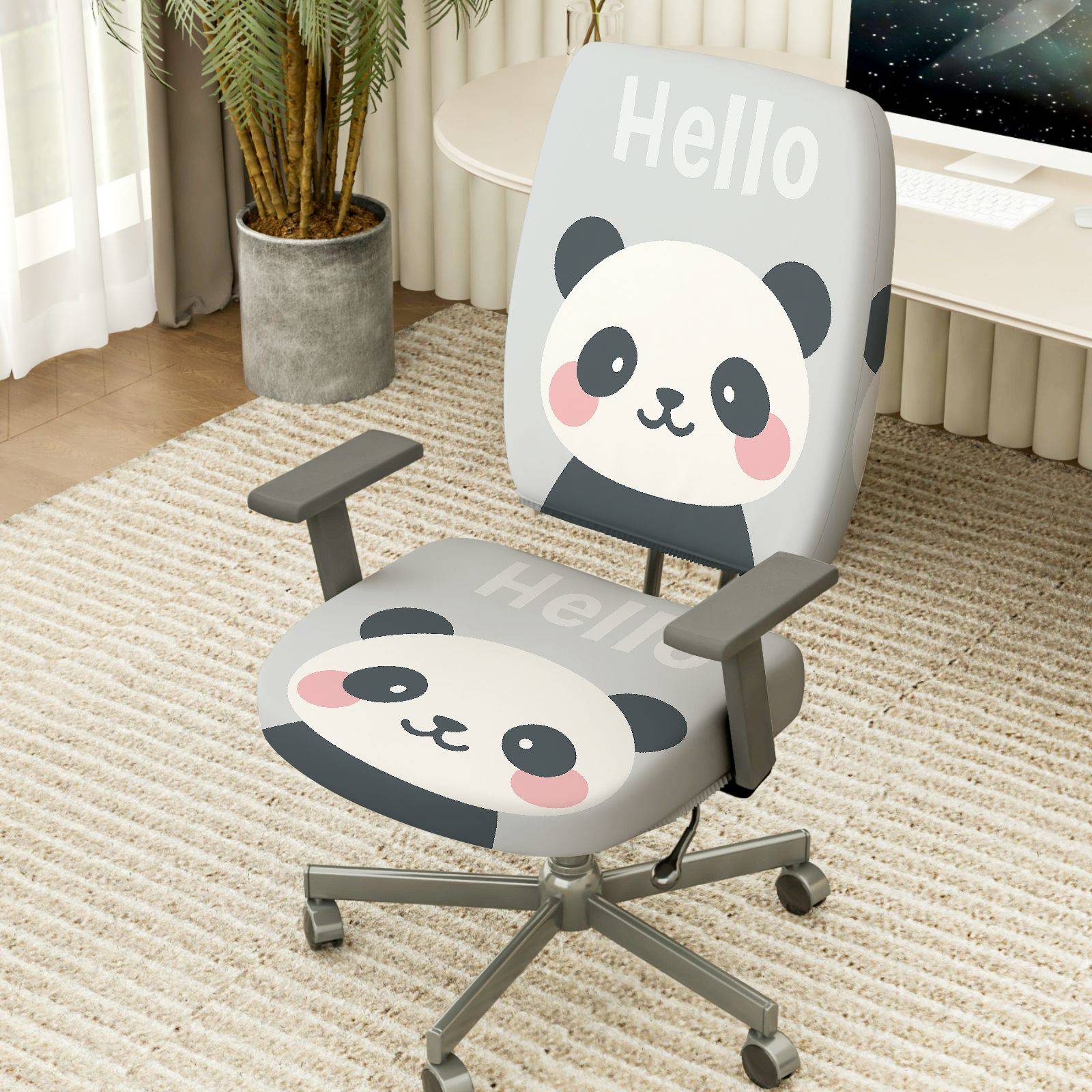 2-Piece Cute Panda Hello Animal Print  Computer Chair Cover Set, Seat and Backrest