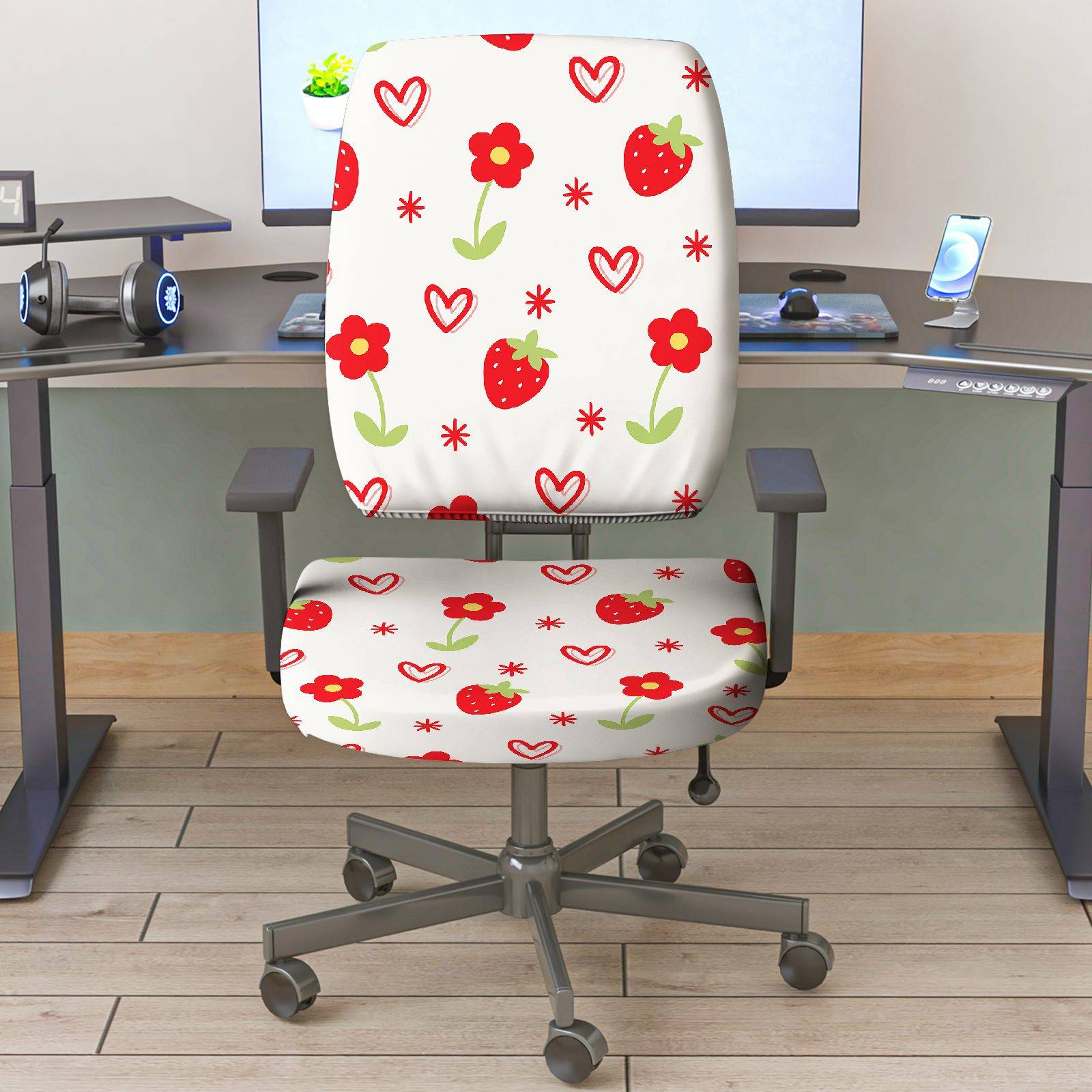 2-Piece Strawberry Flower Heart Pattern  Computer Chair Cover Set, Seat and Backrest