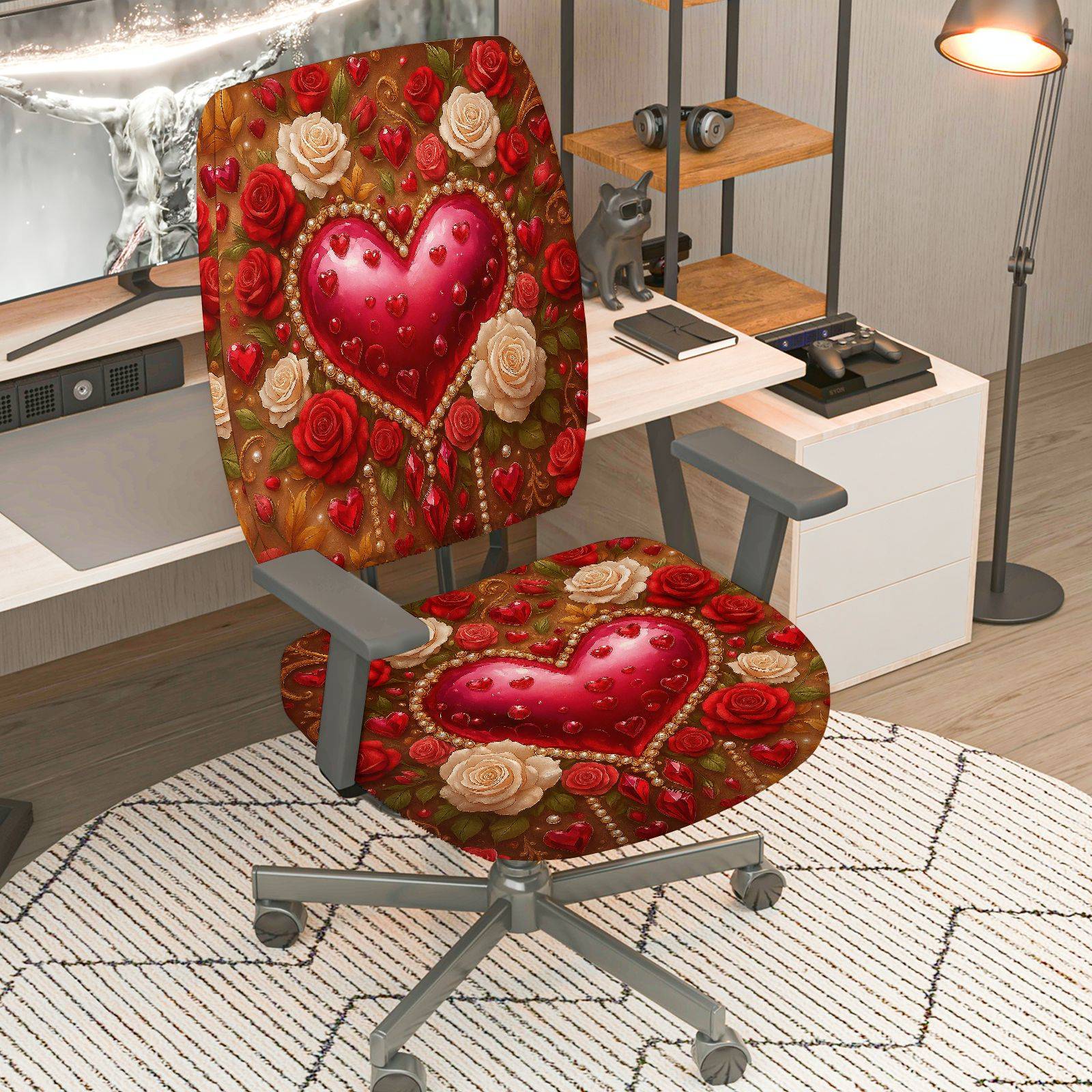 2-Piece Romantic Valentine Heart Love Rose Flower  Computer Chair Cover Set, Seat and Backrest
