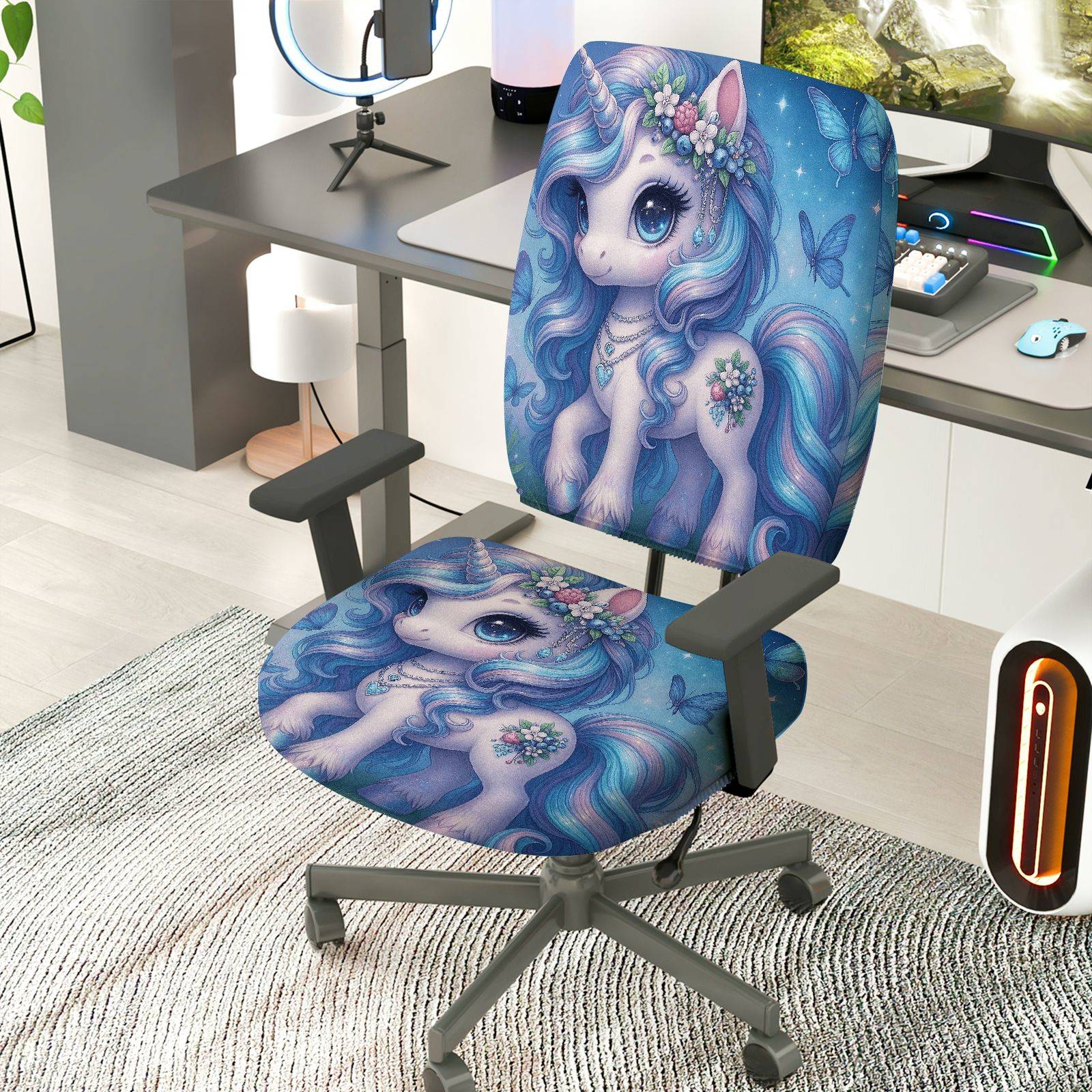 2-Piece Magical Unicorn Fantasy Butterfly Flower Glitter  Computer Chair Cover Set, Seat and Backrest