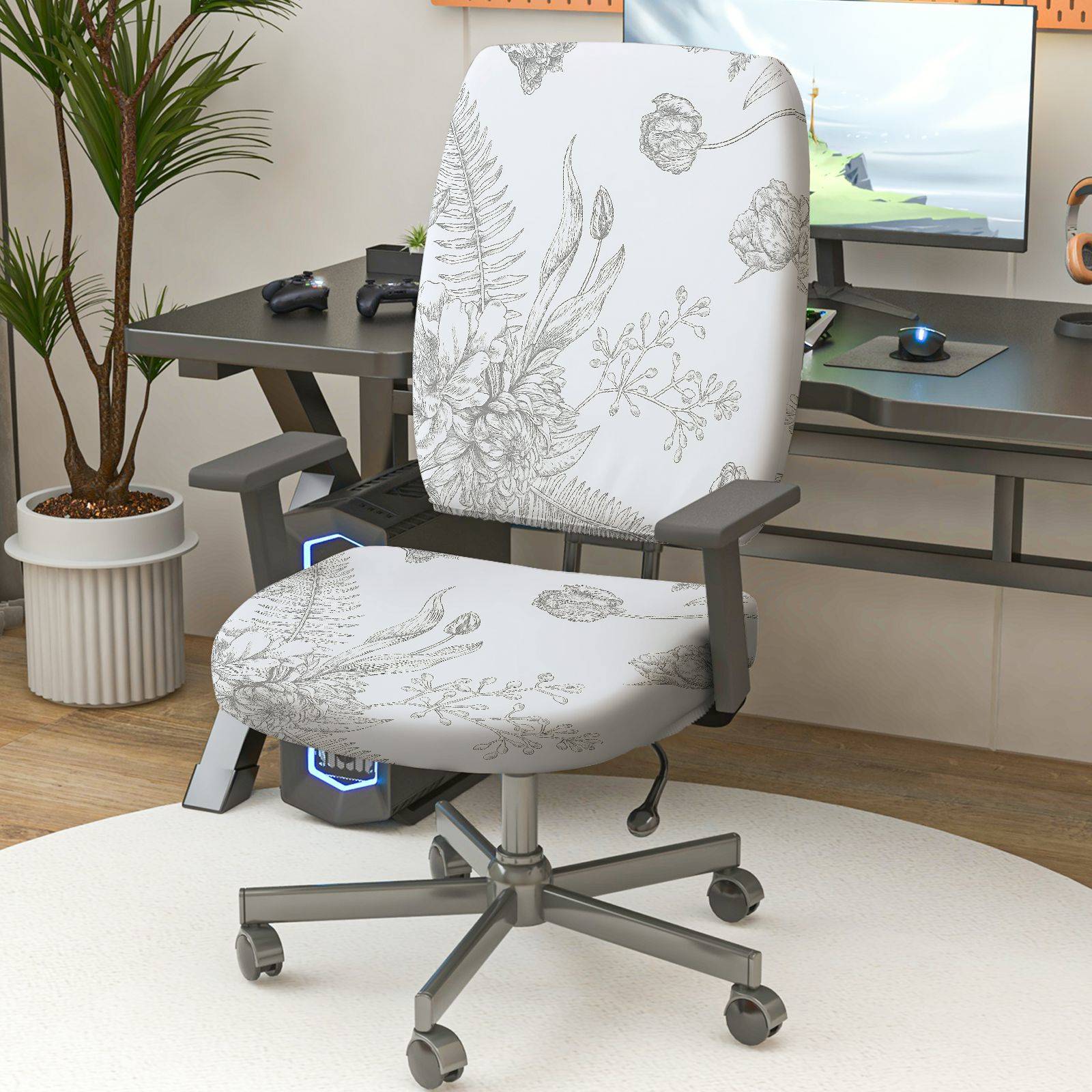 2-Piece Floral Pattern Botanical Design Nature Inspired White  Computer Chair Cover Set, Seat and Backrest