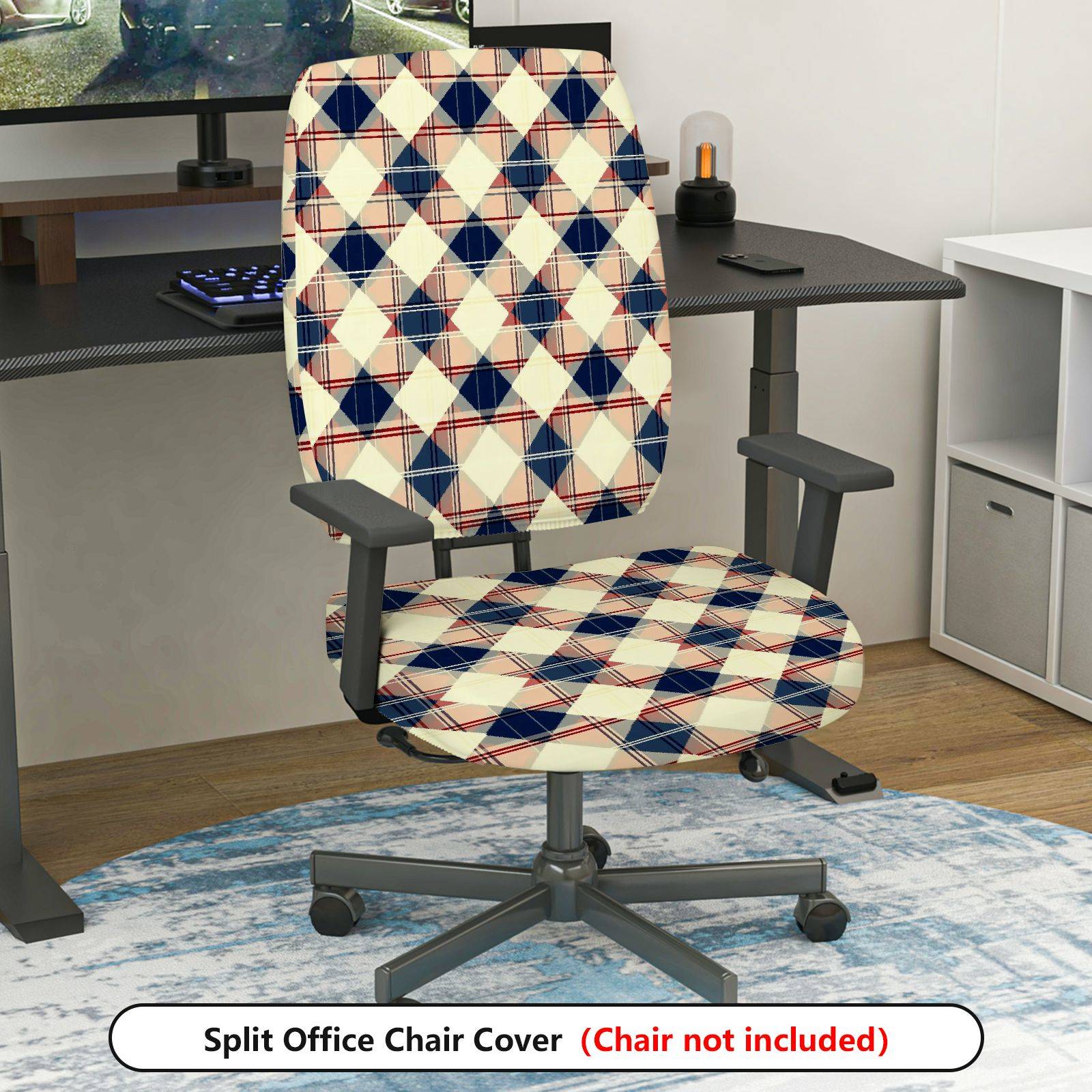 2-Piece Blue Red Plaid Geometric Check  Computer Chair Cover Set, Seat and Backrest